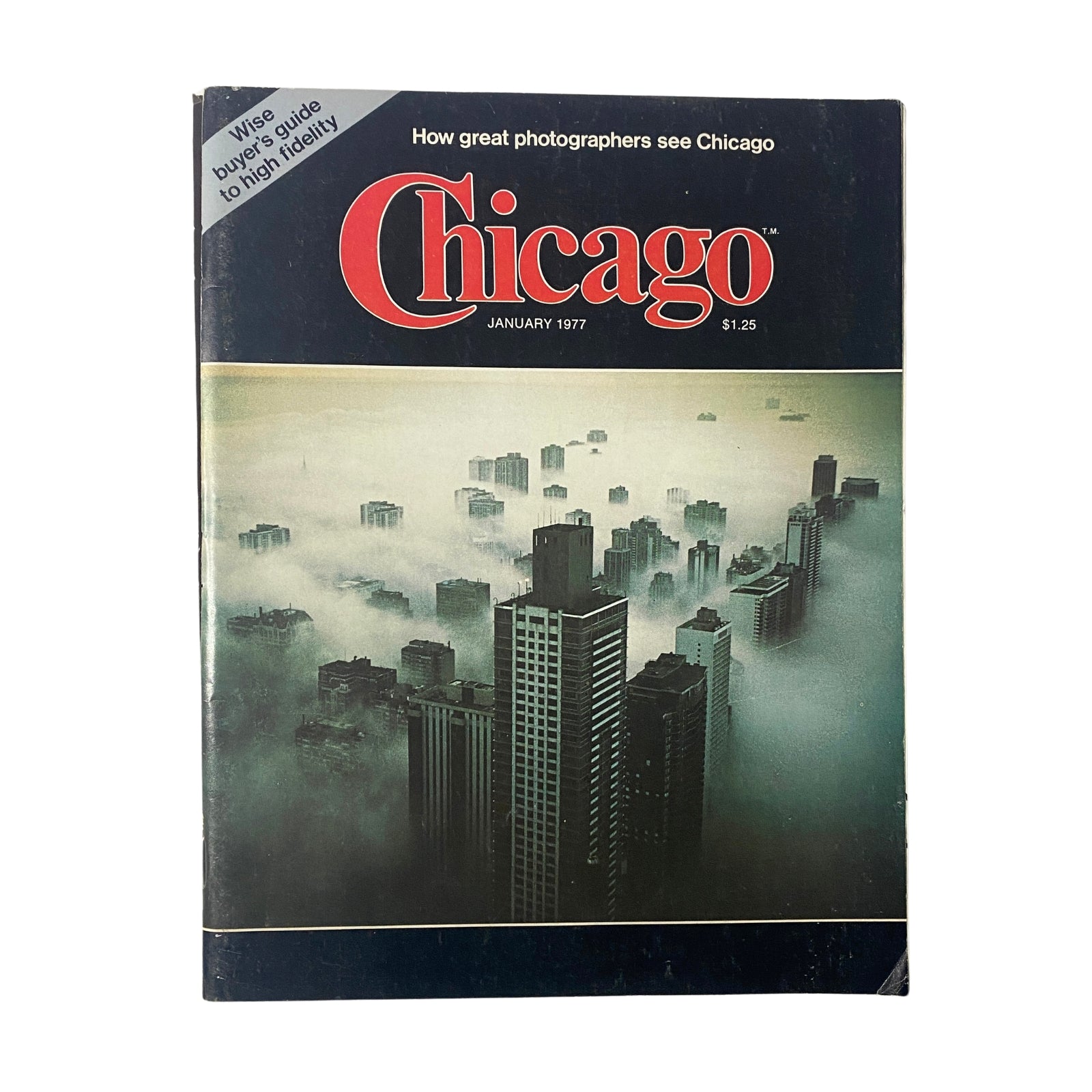 Cover of Chicago Magazine January 1977 featuring the article 'Chicago in the Mist' by Arthur Siegel, showcasing a foggy city landscape with skyscrapers.