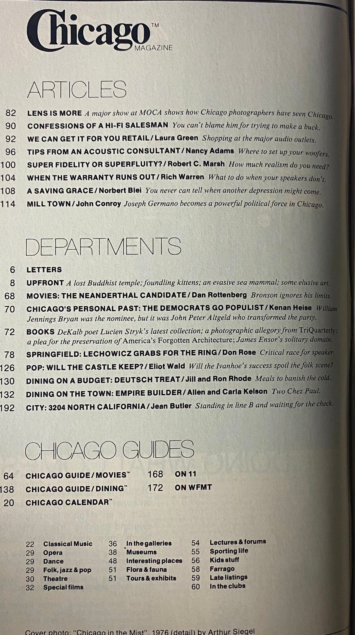 Inside spread of Chicago Magazine January 1977 featuring highlighted articles including 'Lens Is More' about Chicago photographers, showcasing the cultural landscape of the city.