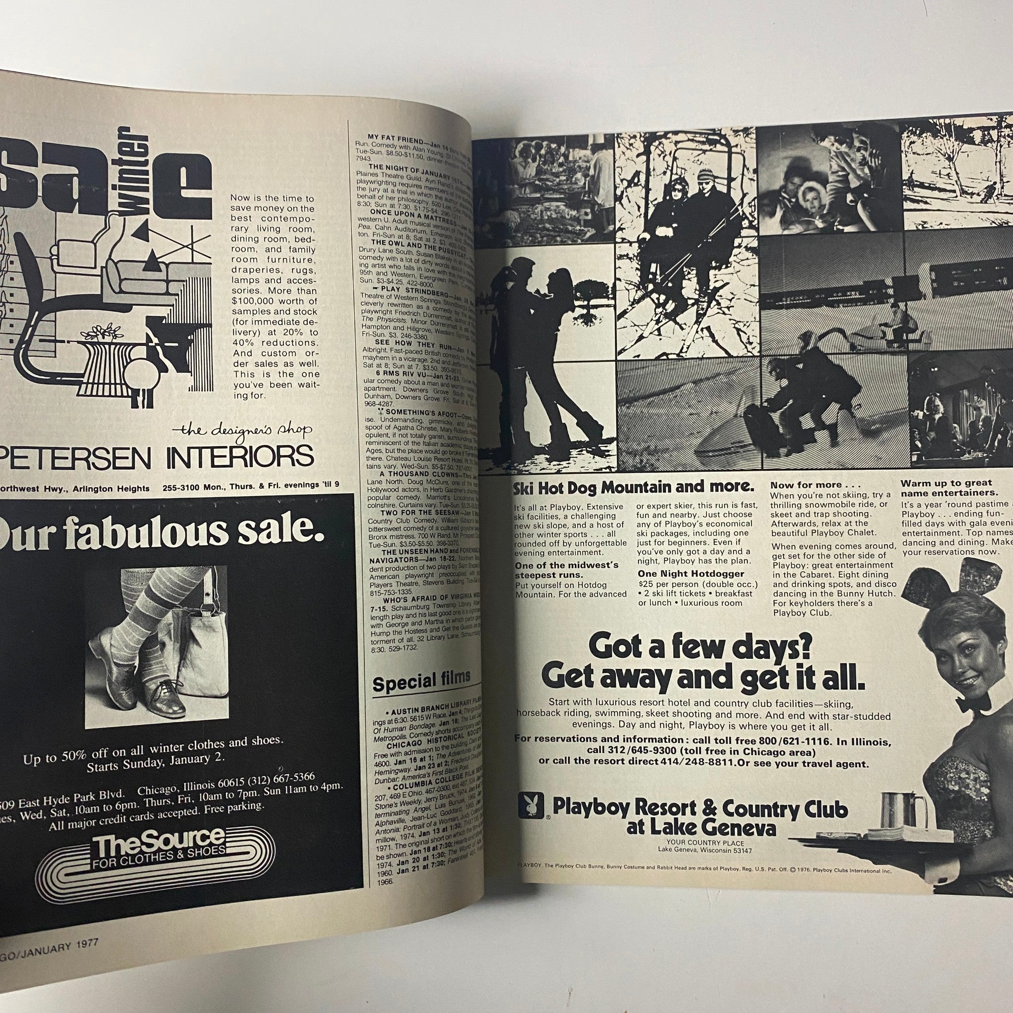 Advertisment page from Chicago Magazine January 1977 promoting sales at local retailers including Petersen Interiors and winter activities at Ski Hot Dog Mountain.
