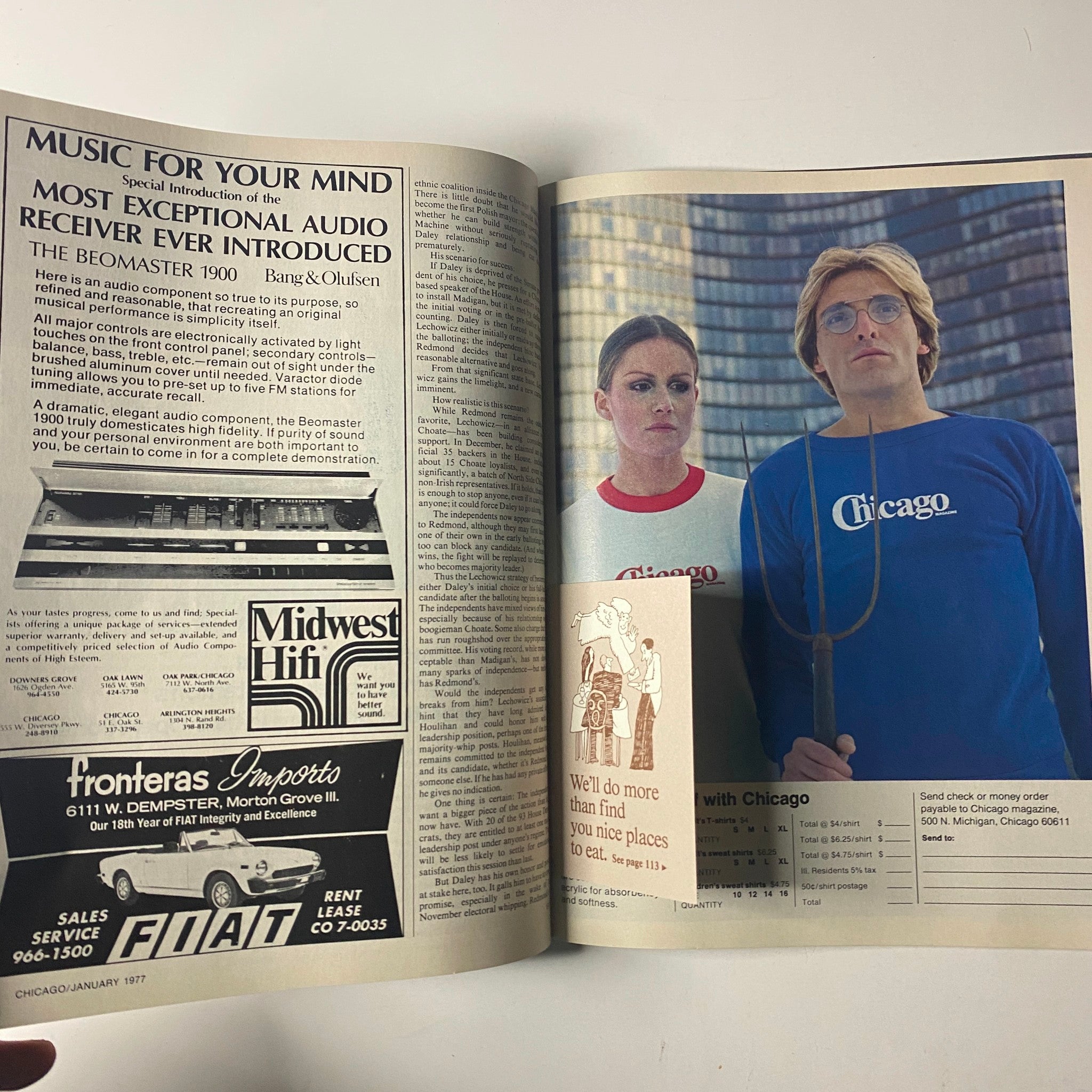 Product feature in Chicago Magazine January 1977 showcasing the Beomaster 1900 audio receiver, highlighted by models with retro fashion in a vintage setting.