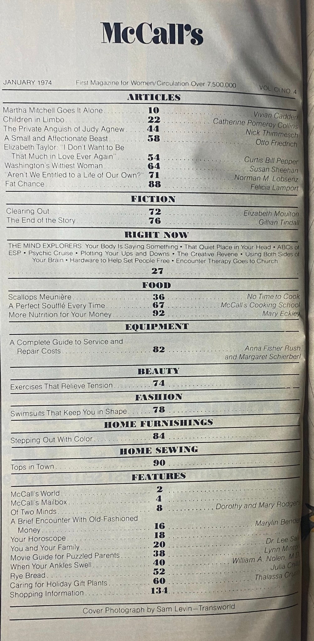 Cover page of McCall’s Magazine January 1974, featuring the table of contents and articles including Elizabeth Taylor's interview and various lifestyle features.