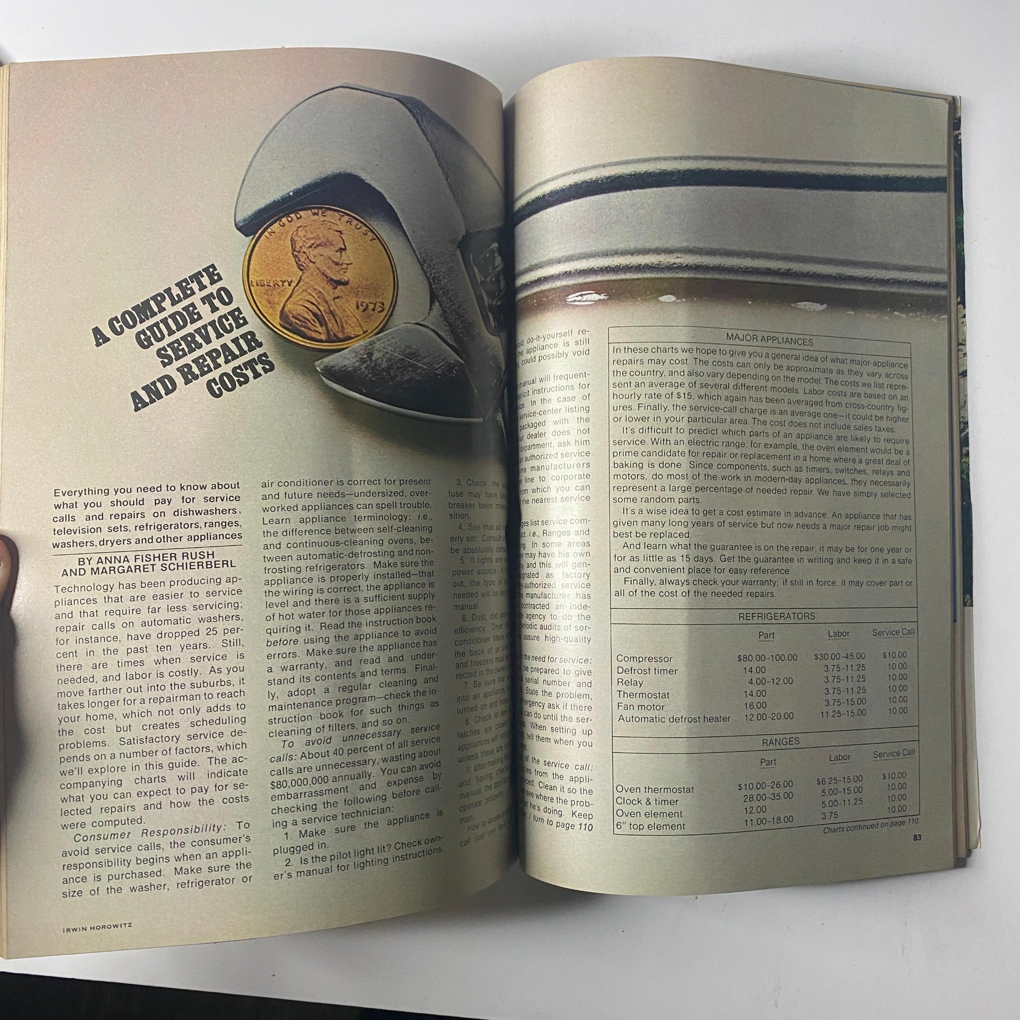 Article page from McCall’s Magazine January 1974 titled 'A Complete Guide to Service and Repair Costs,' featuring insightful information on household appliance repair.