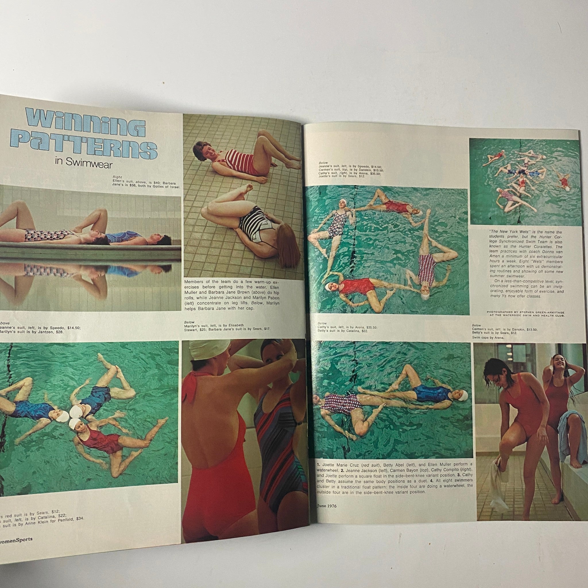 WomenSports Magazine June 1976 Vol 3 No. 6 features a double-page spread showcasing 'Winning Patterns in Swimwear', featuring women in swimsuits posing in a swimming pool setting, highlighting athletic fashion.