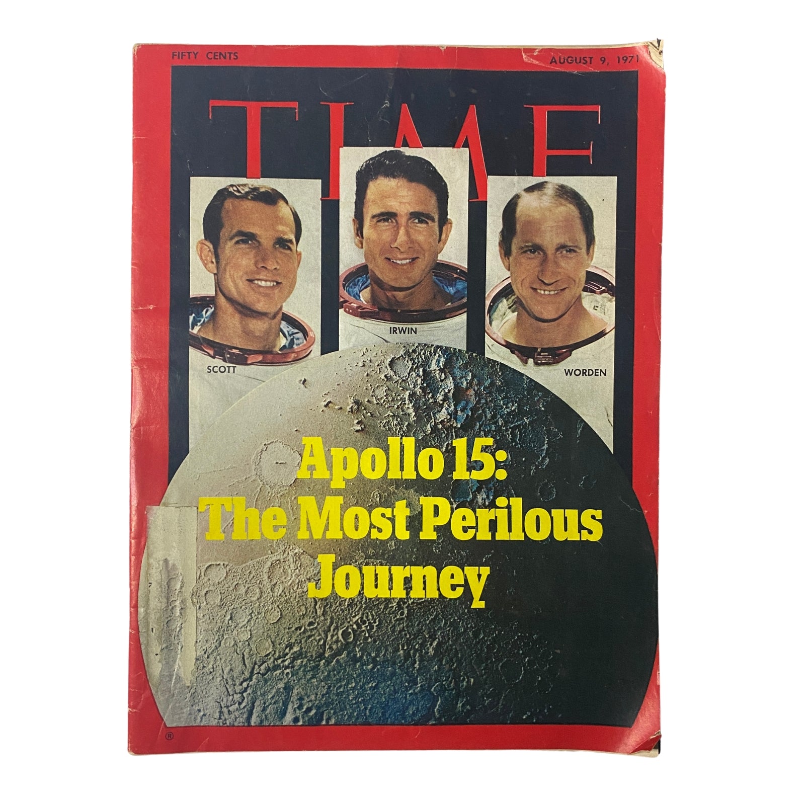 Time Magazine cover from August 9, 1971 featuring Apollo 15 astronauts David R. Scott, Alfred M. Worden, and James B. Irwin, highlighting their mission titled 'Apollo 15: The Most Perilous Journey'.