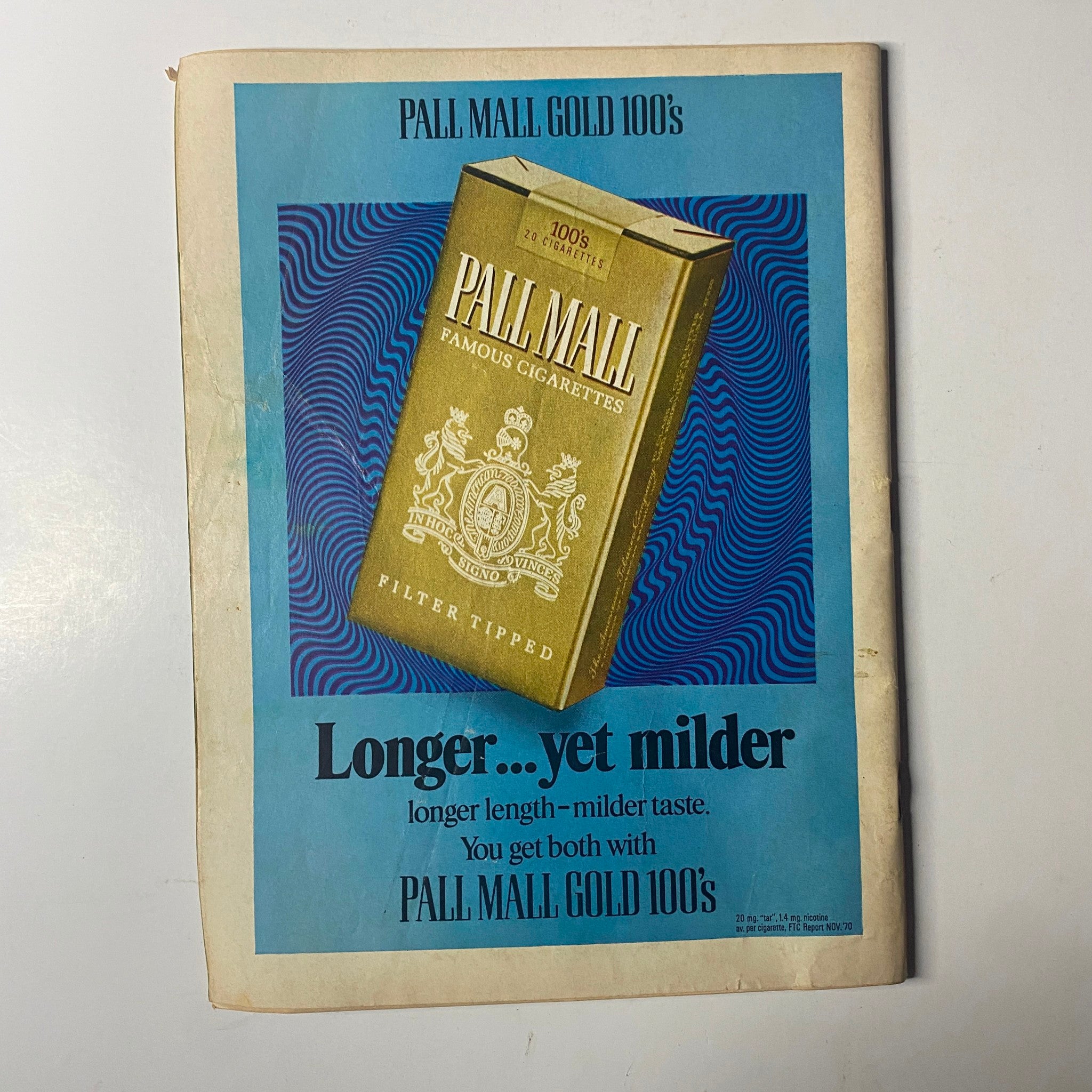 Pall Mall Gold 100's cigarette advertisement featuring the tagline 'Longer... yet milder', promoting its filter-tipped feature. Related to Time Magazine cover dated August 9, 1971, featuring Apollo 15 astronauts.