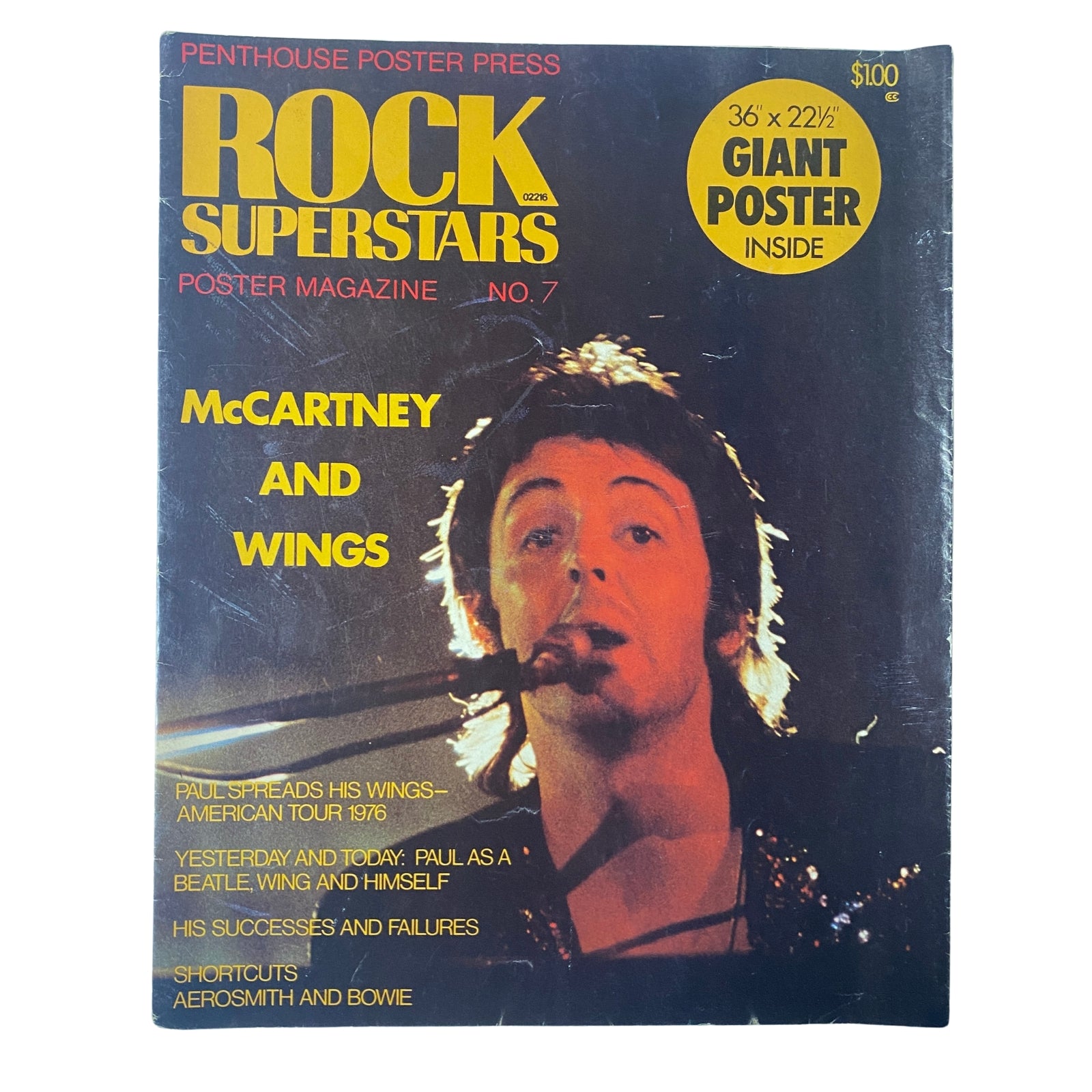 Cover of Rock Superstars Poster Magazine 1975 No. 7 featuring Paul McCartney, highlighting his era with Wings, with a bold title and details of a giant poster inside.