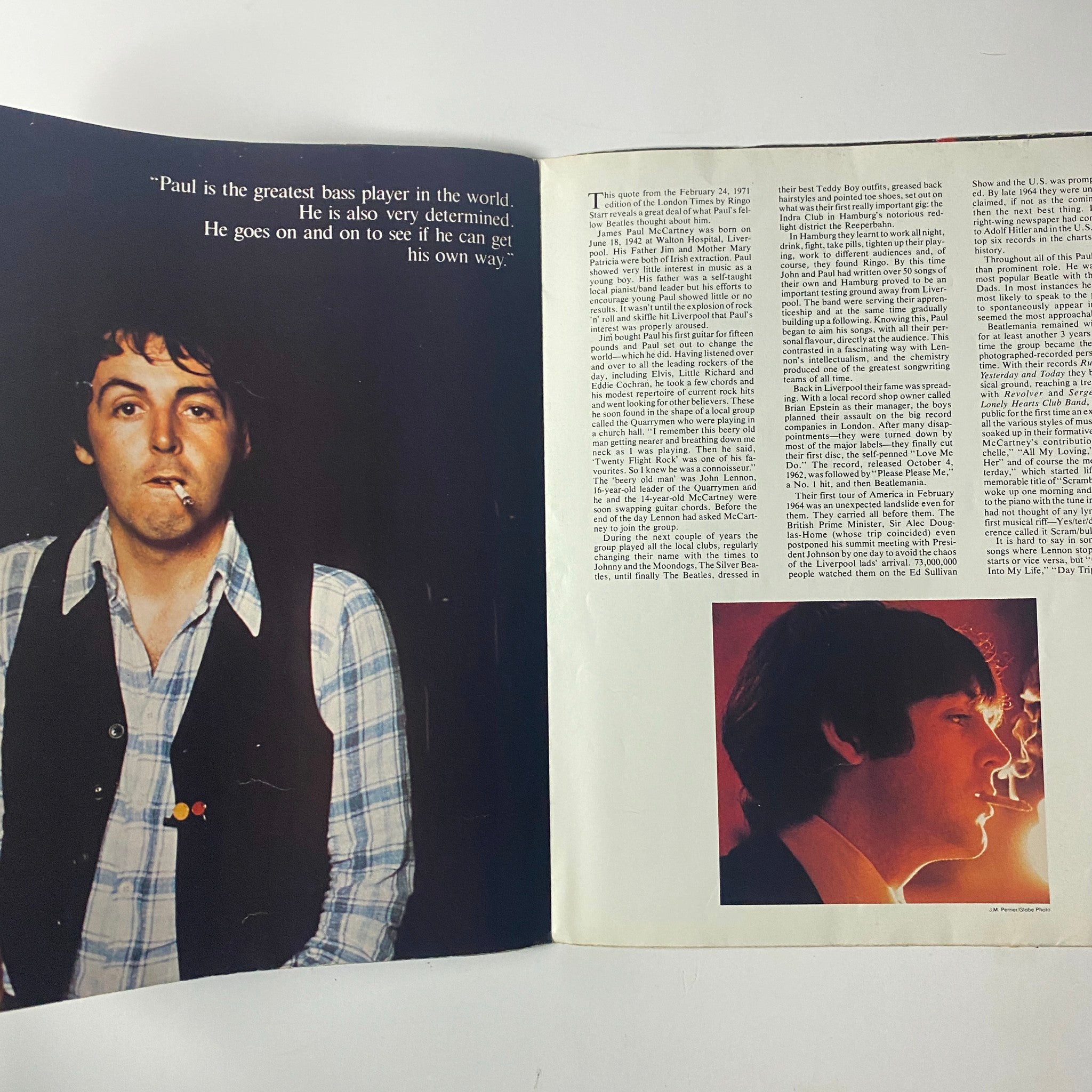 Inner page from Rock Superstars Poster Magazine 1975 No. 7 featuring a photograph of Paul McCartney smoking with a quote about his musical talent. This magazine highlights McCartney in his post-Beatles career.