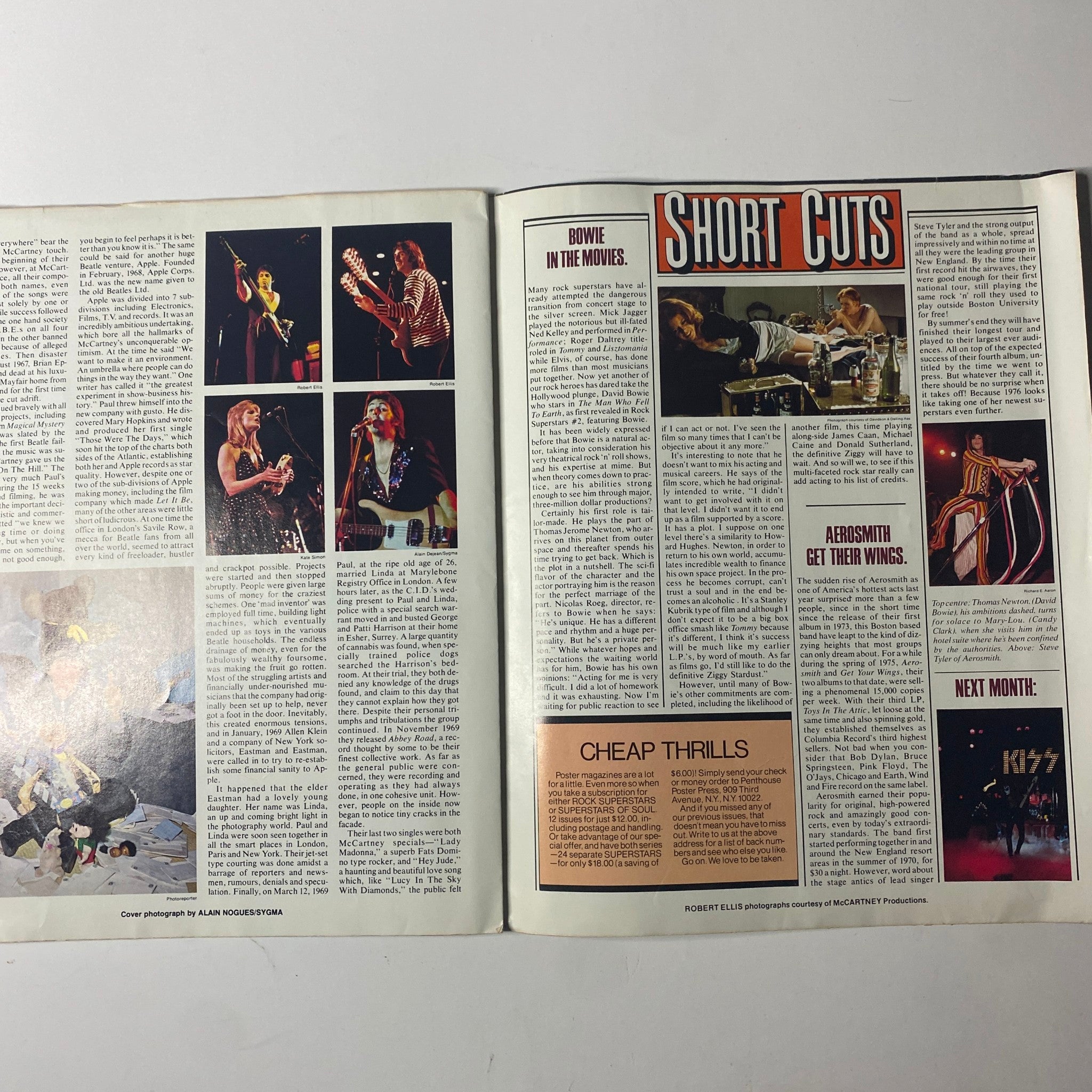 Another inner page of Rock Superstars Poster Magazine 1975 No. 7 showcasing articles on various rock musicians including Bowie, arranged in a stylish magazine format that reflects the 1970s rock scene.