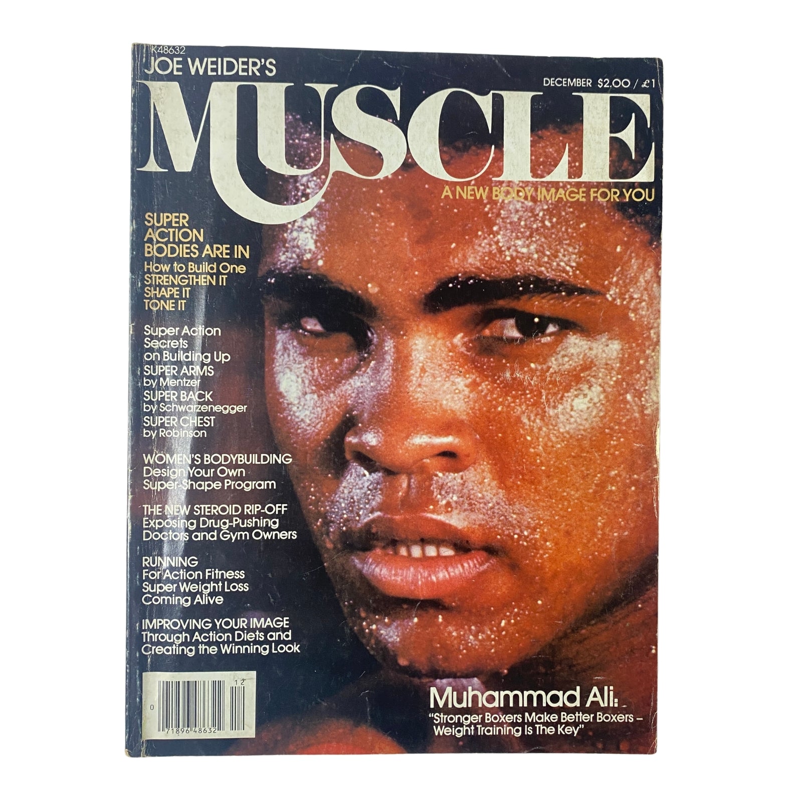 Joe Weider’s Muscle Builder Power Magazine December 1979 featuring Muhammad Ali on the cover, highlighting bodybuilding insights and a tribute to the boxing legend. Vintage fitness magazine for collectors.