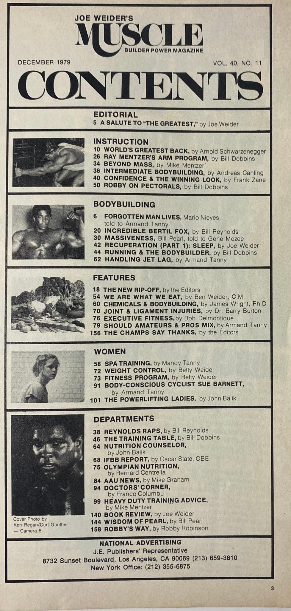 Table of contents from Joe Weider’s Muscle Builder Power Magazine December 1979 featuring editorial about Muhammad Ali titled 'A Salute to The Greatest' and articles on bodybuilding training and nutrition.