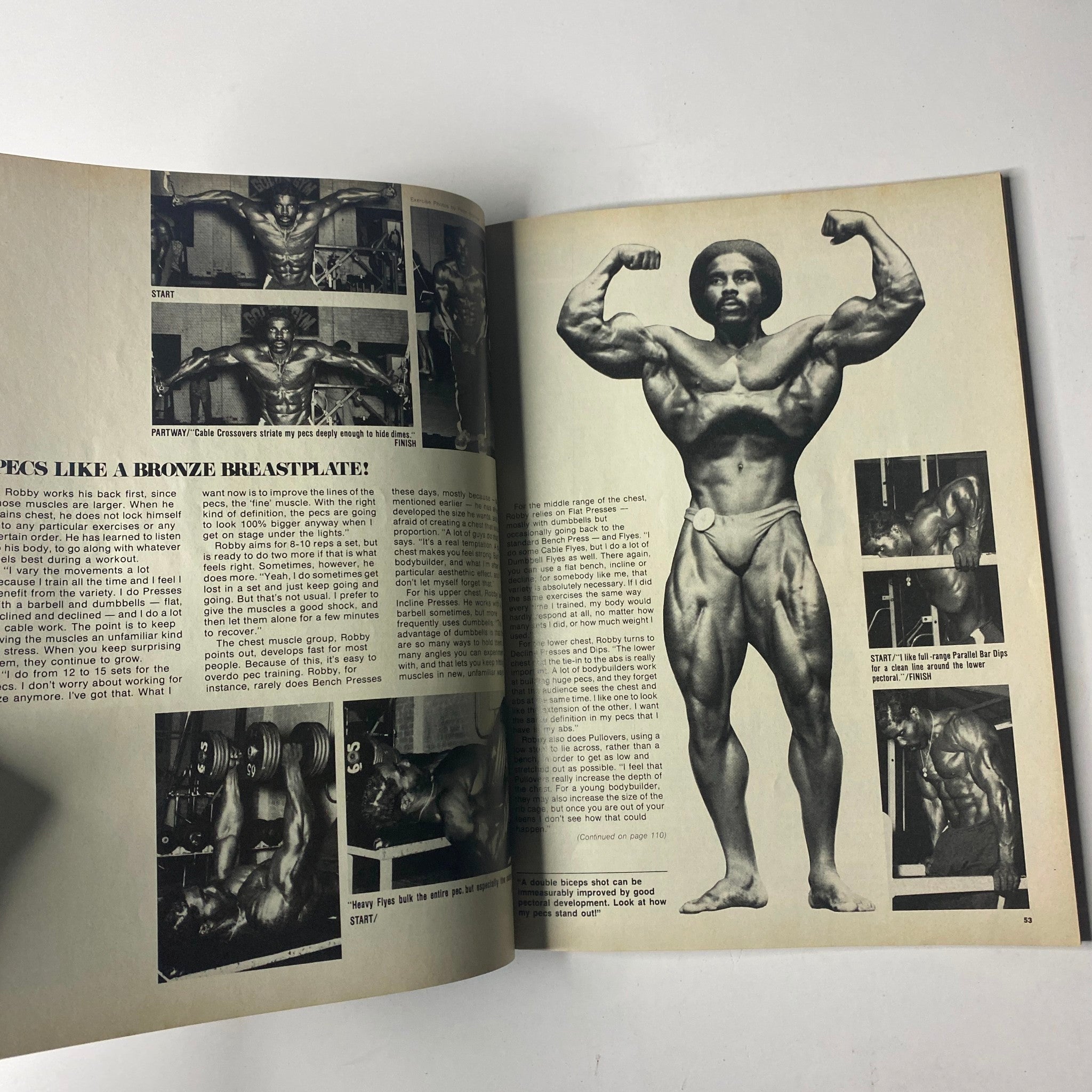 A bodybuilding pose demonstration featured in Joe Weider’s Muscle Builder Power Magazine December 1979, showcasing muscular development and strength training techniques.