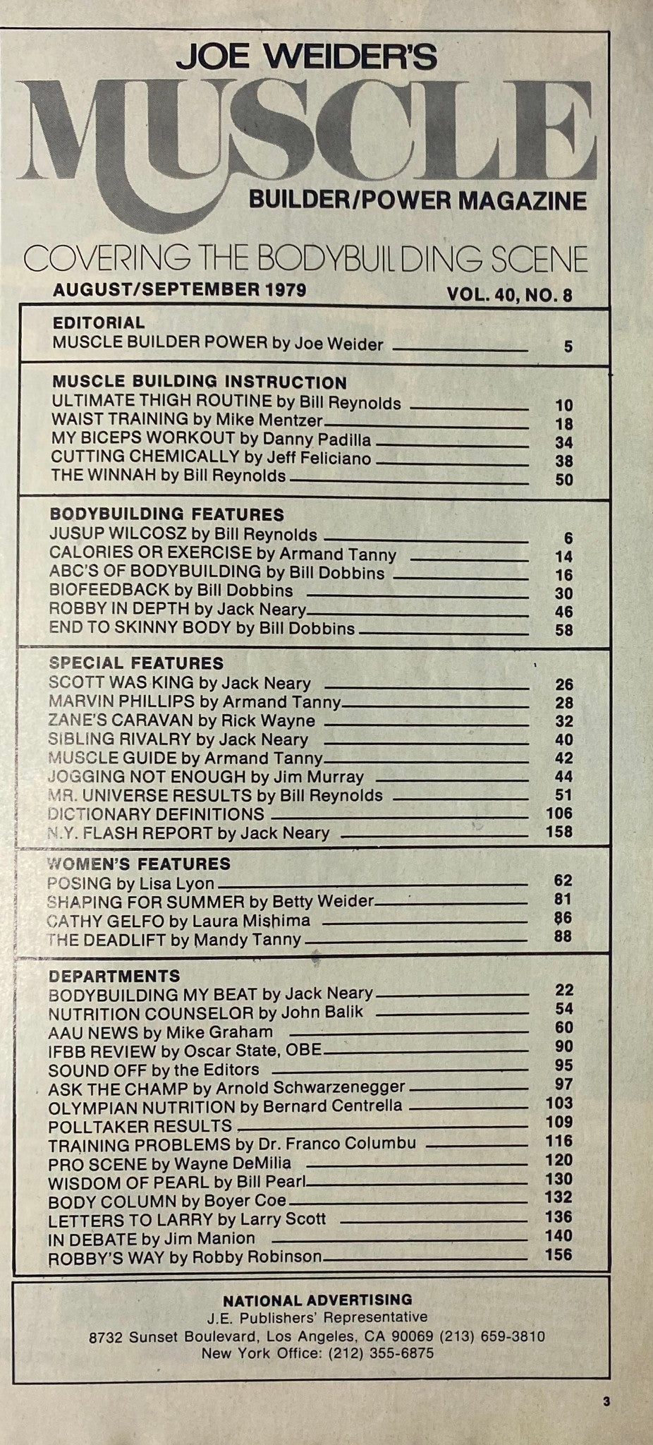 Contents page of Joe Weider’s Muscle Builder Power Magazine August/September 1979. This page outlines features, articles, and profiles from notable figures in bodybuilding, including training routines and nutrition advice.