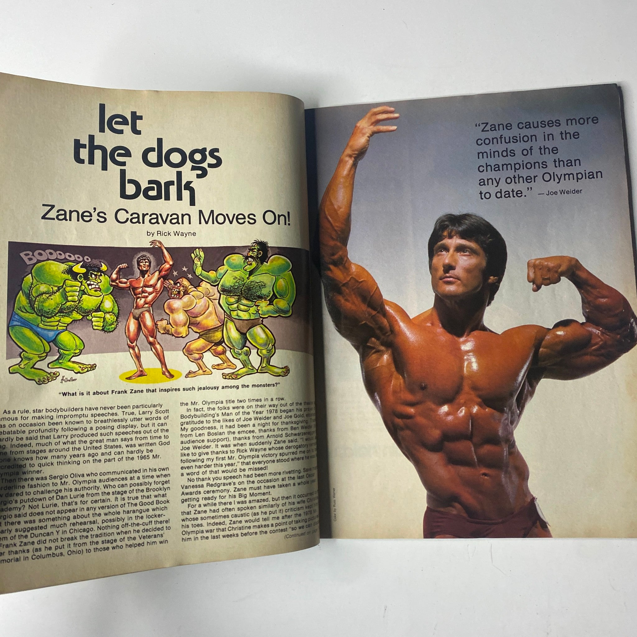 Page from Joe Weider’s Muscle Builder Power Magazine August 1979 featuring an article titled 'Zane's Caravan' by Rick Wayne, showcasing dynamic illustrations and bodybuilders, emphasizing the influence of Frank Zane in bodybuilding.