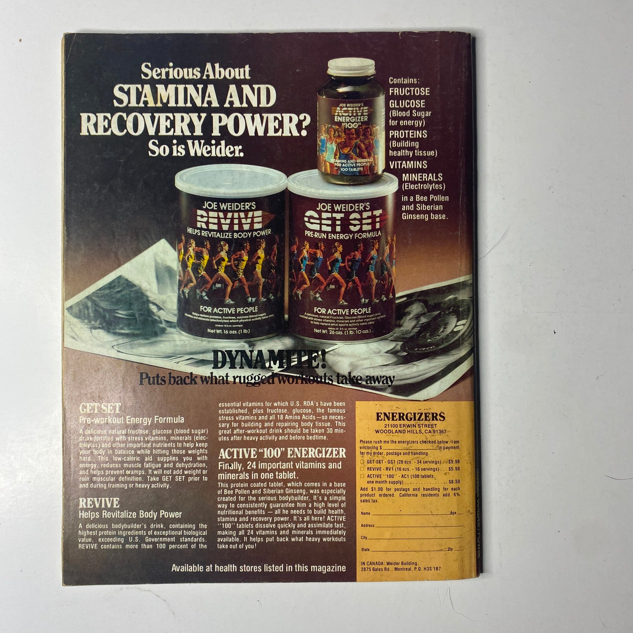 Back cover of Joe Weider’s Muscle Builder Power Magazine August 1979, advertising Joe Weider's nutritional products with a focus on stamina and recovery, featuring bottles of supplements and health claims.