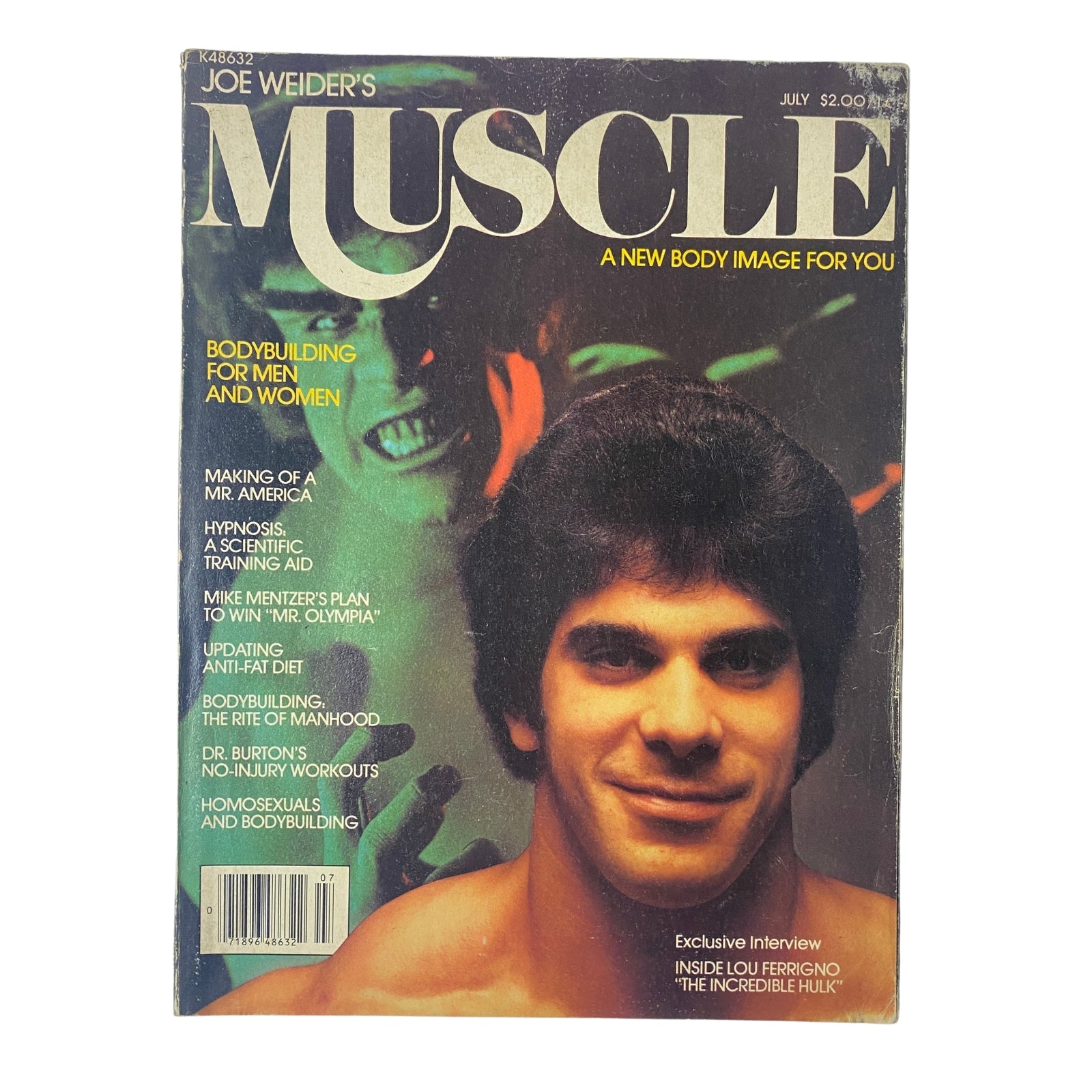 Joe Weider’s Muscle Builder Power Magazine July 1979 cover featuring Lou Ferrigno with a striking design, emphasizing bodybuilding for both men and women.