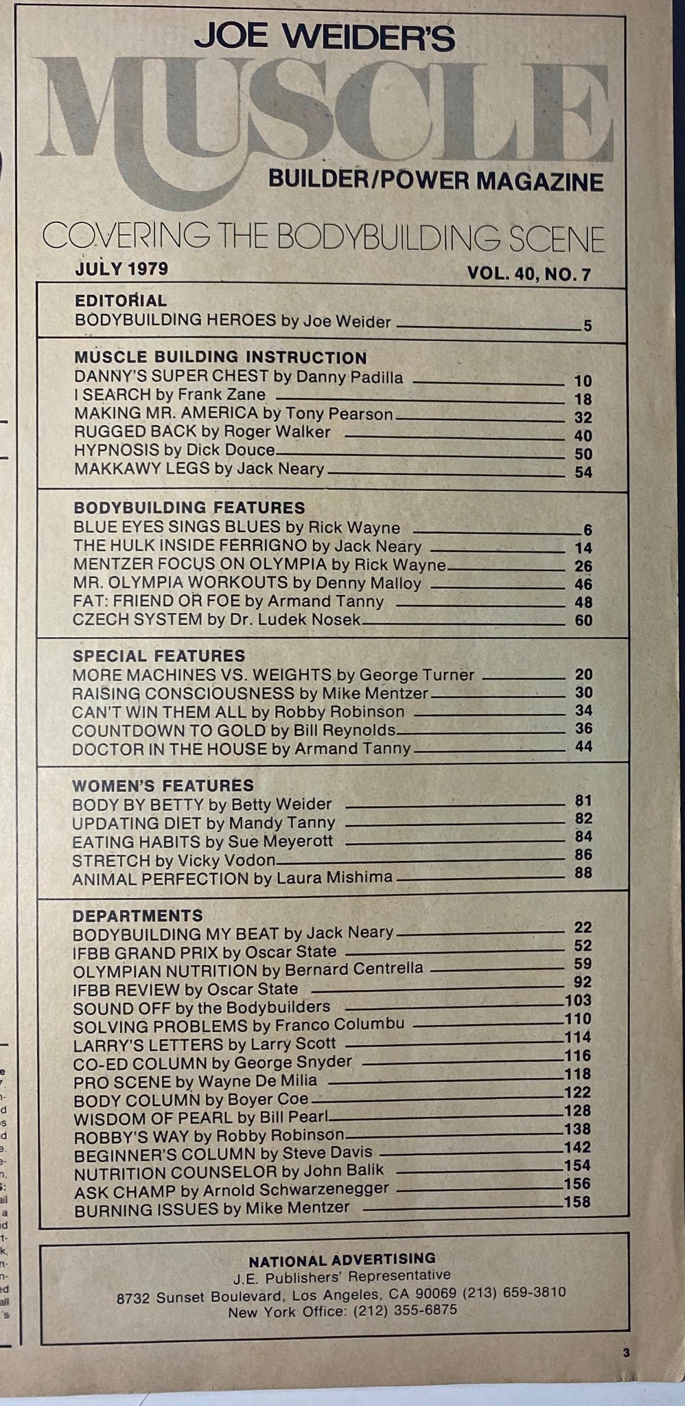 Table of contents from Joe Weider's Muscle Builder Power Magazine July 1979, detailing various bodybuilding features, special articles, and editorial insights.
