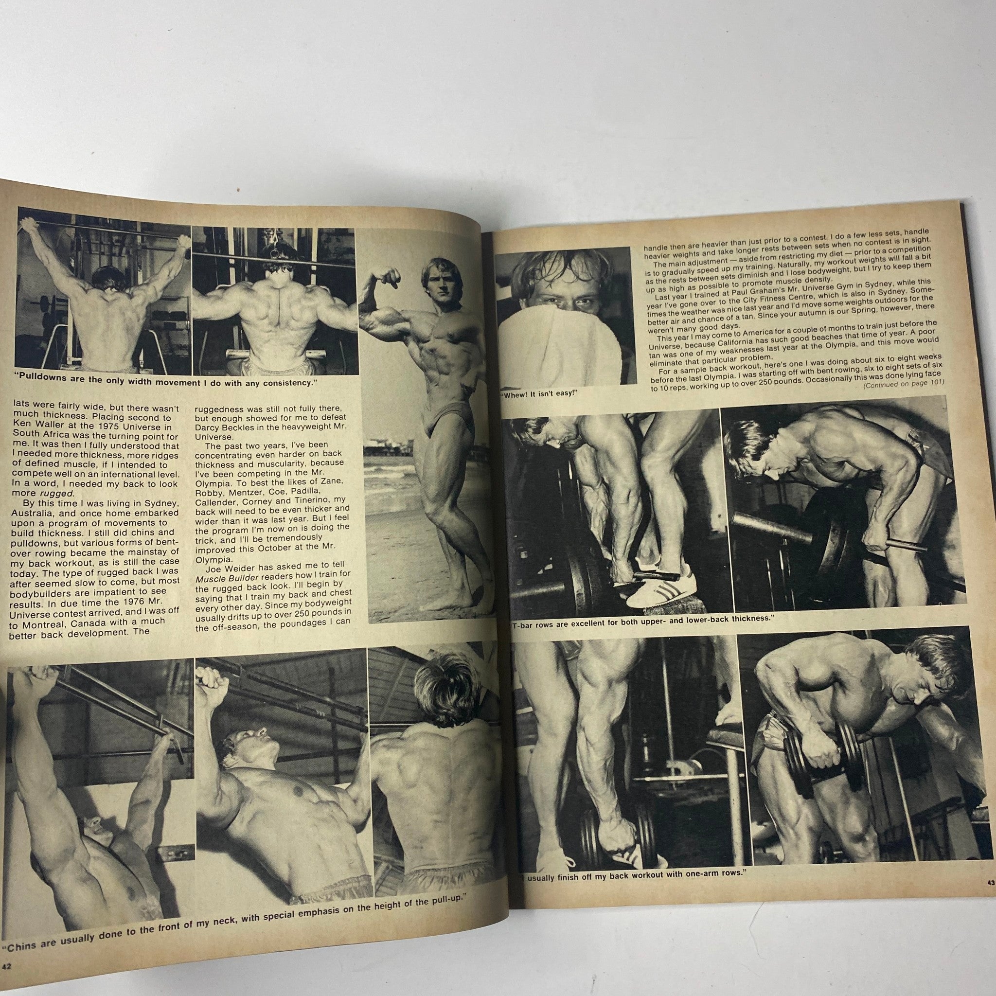 Inside pages from Joe Weider’s Muscle Builder Power Magazine July 1979, showcasing bodybuilding instructions and techniques with images demonstrating workout routines.