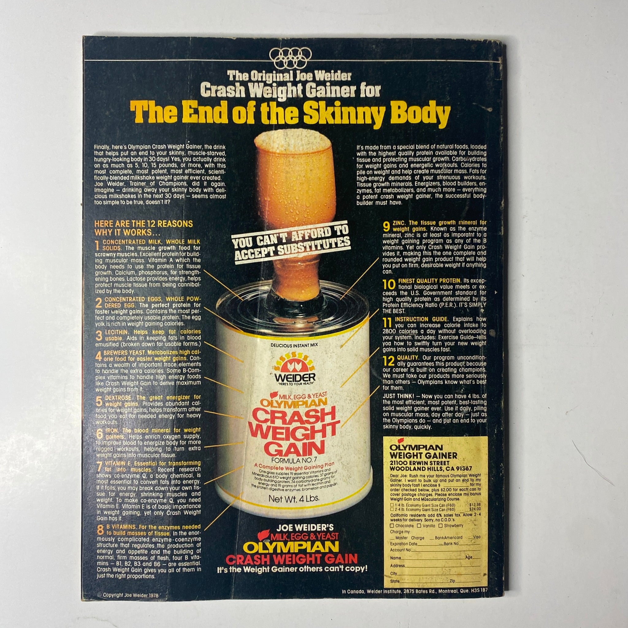 Back cover of Joe Weider’s Muscle Builder Power Magazine July 1979 featuring an advertisement for Olympian Crash Weight Gainer, promoting bodybuilding supplements and nutrition.
