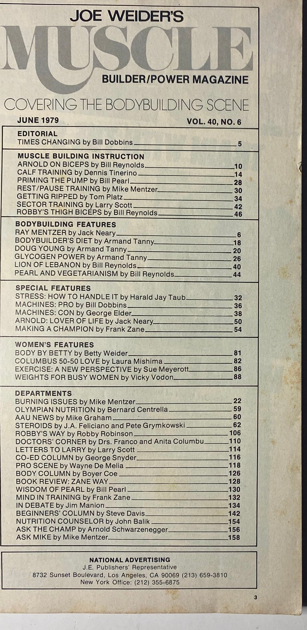 Table of contents from Joe Weider’s Muscle Builder Power Magazine June 1979 featuring editorial sections and featured articles on bodybuilding.