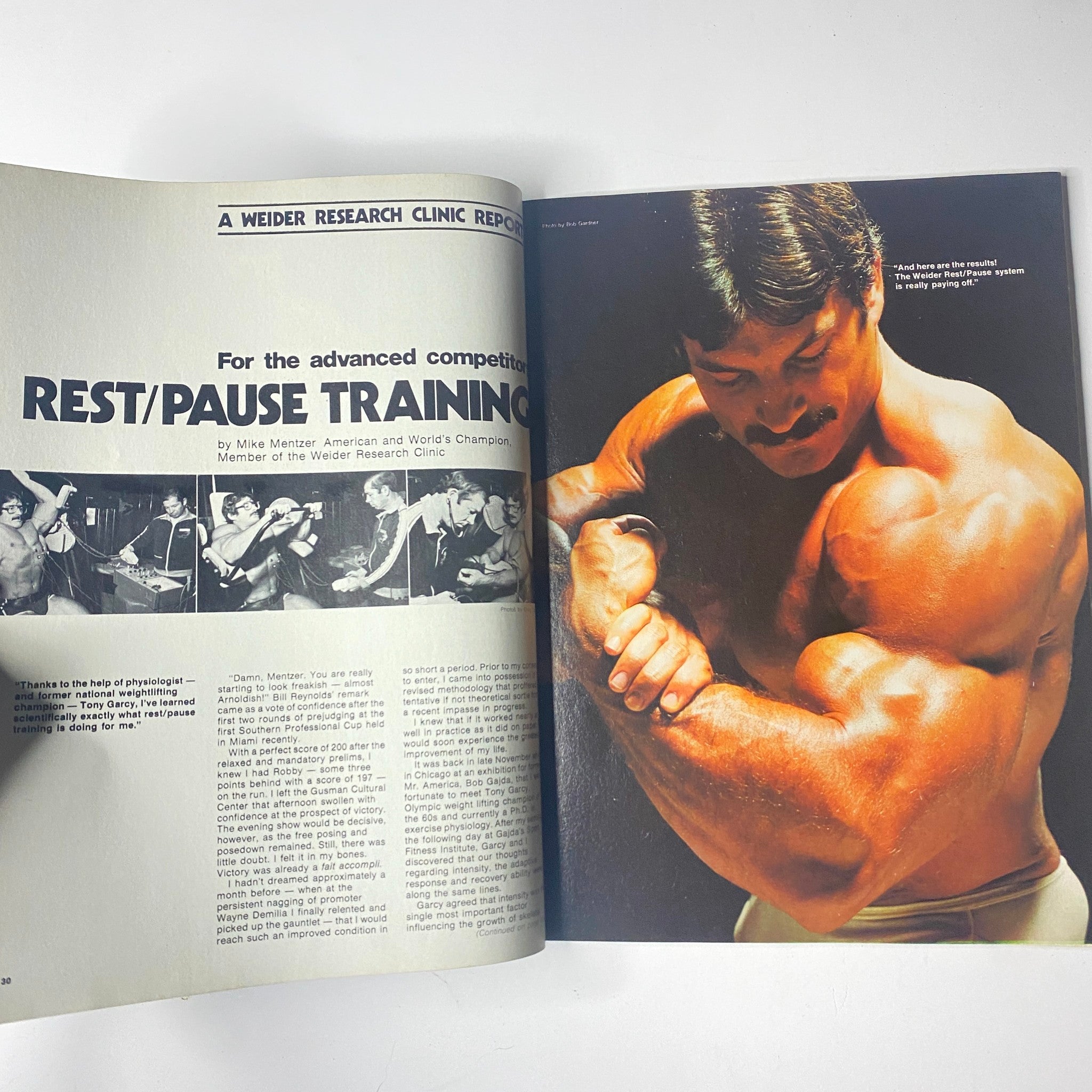 Feature article page from Joe Weider’s Muscle Builder Power Magazine June 1979, showcasing 'Rest/Pause Training' by Mike Mentzer with images of bodybuilding techniques.