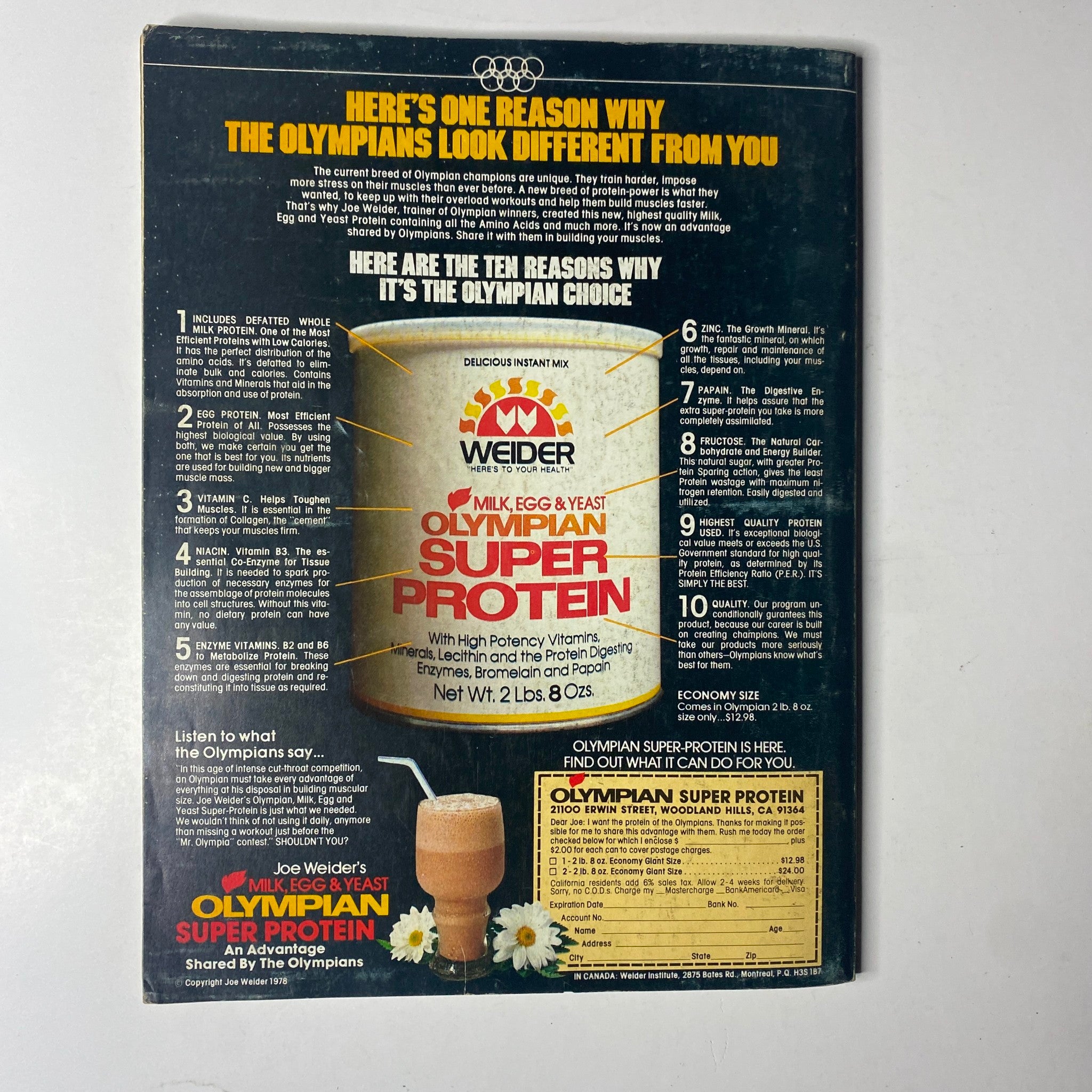 Back cover of Joe Weider’s Muscle Builder Power Magazine June 1979, advertising Weider Olympian Super Protein and its benefits for athletes and bodybuilders.