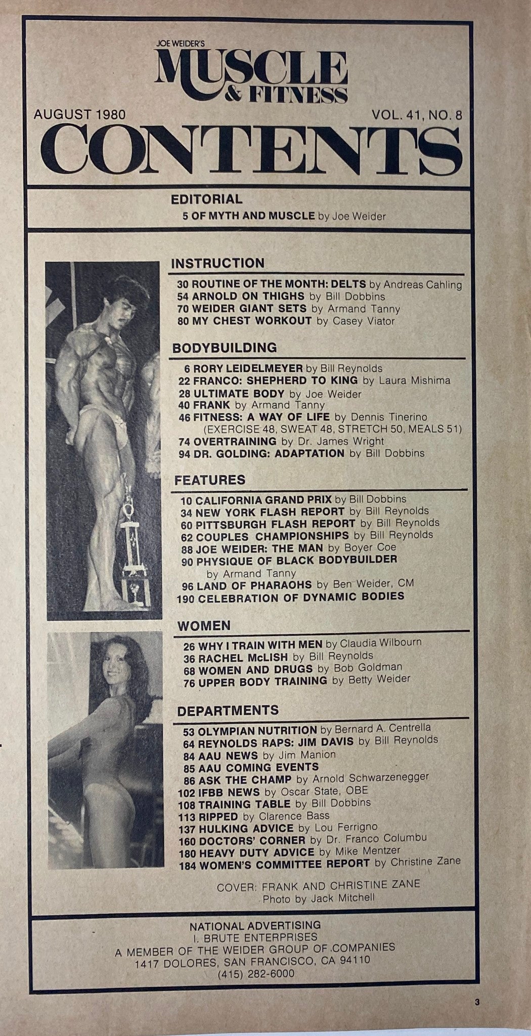 Inside contents page of Joe Weider’s Muscle & Fitness Magazine August 1980, highlighting articles, routines, and contributors including training insights and fitness strategies.