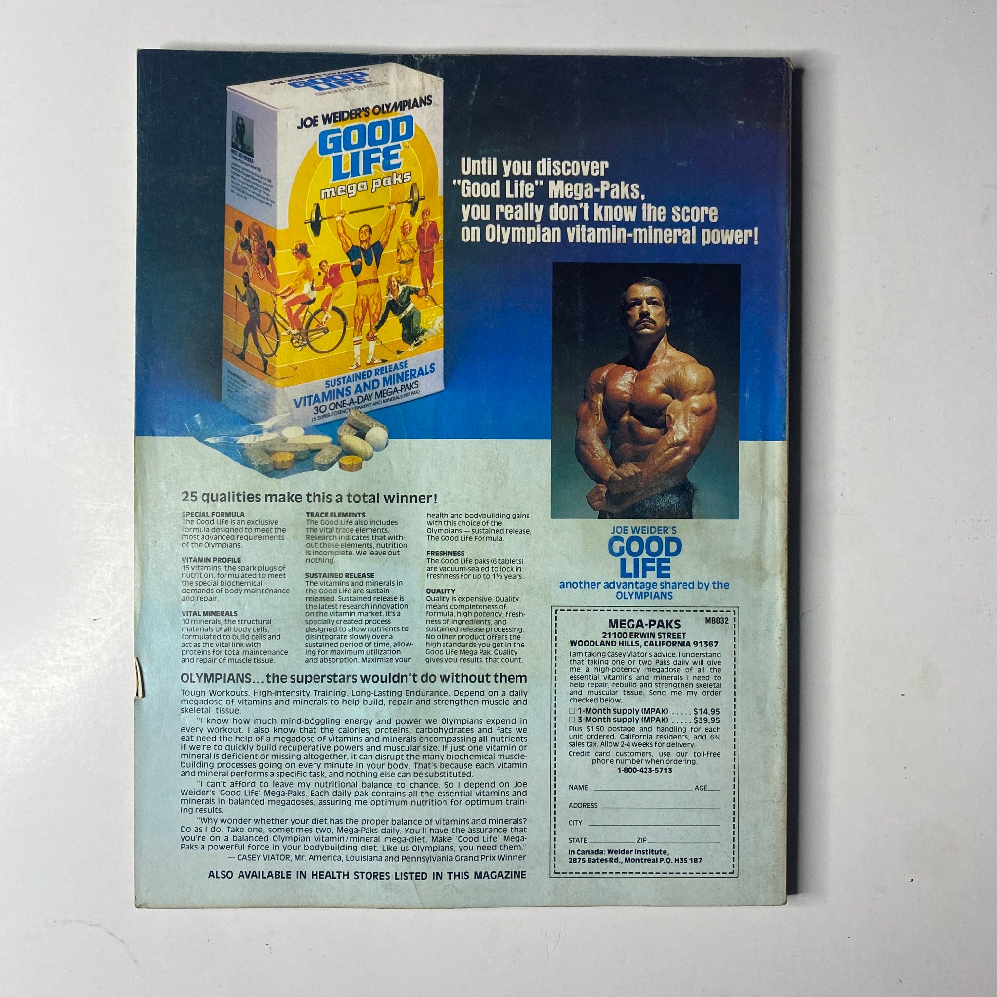 Back cover of Joe Weider’s Muscle & Fitness Magazine August 1980, promoting 'Good Life' Mega Paks with a depiction of Frank Zane, highlighting essential vitamins and minerals for athletes.