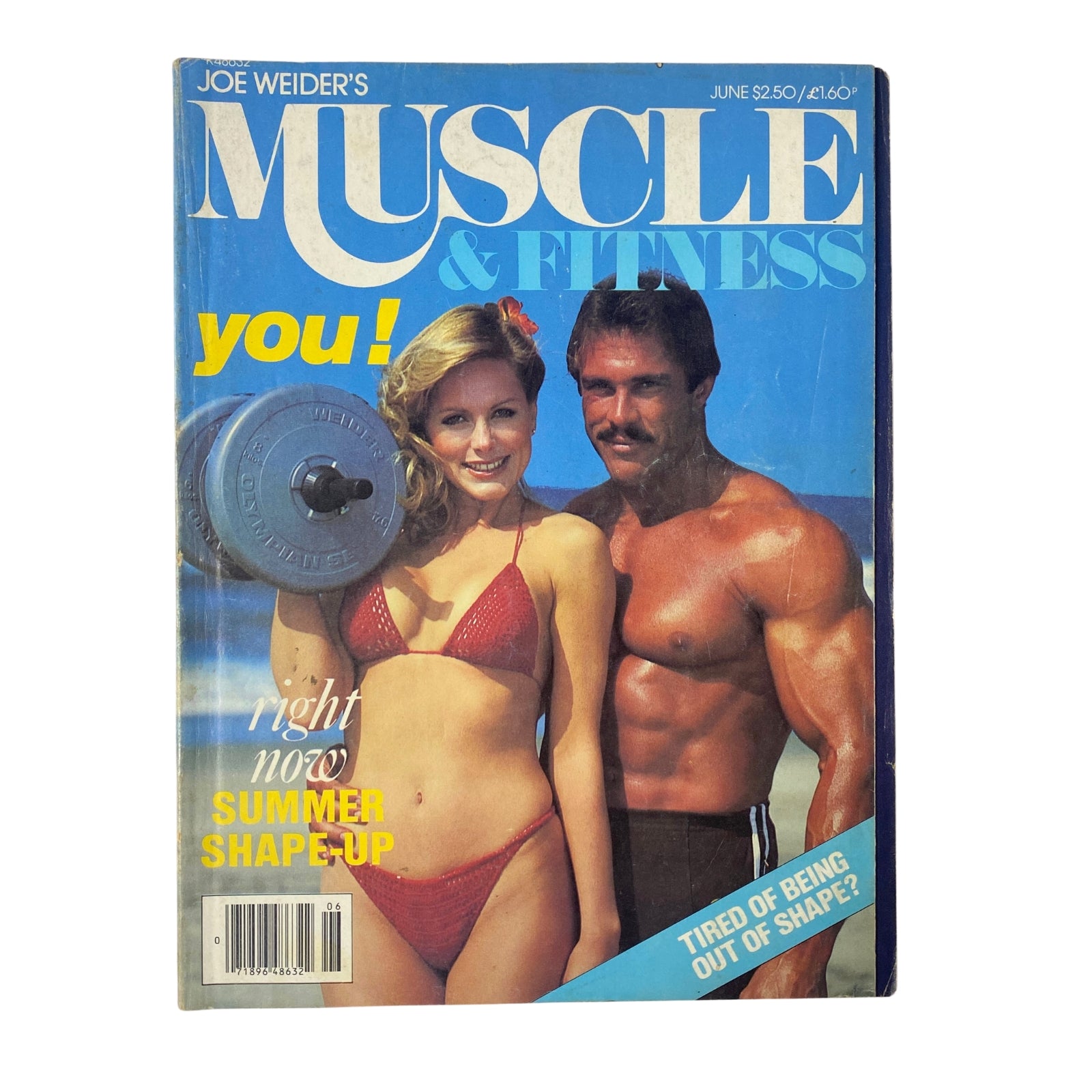 Cover of Joe Weider’s Muscle & Fitness Magazine June 1980 featuring a model in a bikini and a muscular man, emphasizing summer fitness with the tagline 'Tired of Being Out of Shape?'.