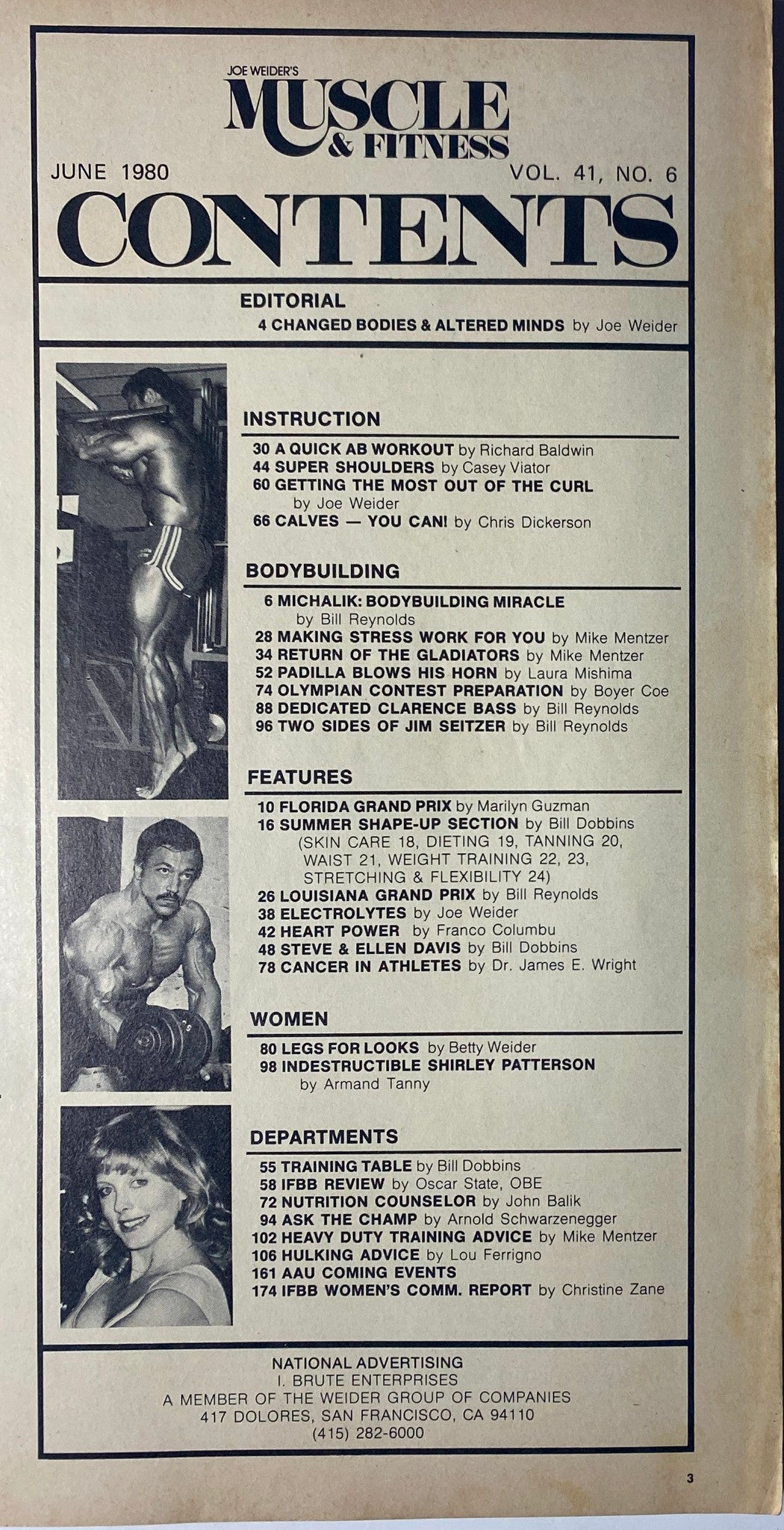 Table of contents page from Joe Weider’s Muscle & Fitness Magazine June 1980 listing articles and features including 'Michalik: Bodybuilding Miracle' and 'Calves — You Can!'.