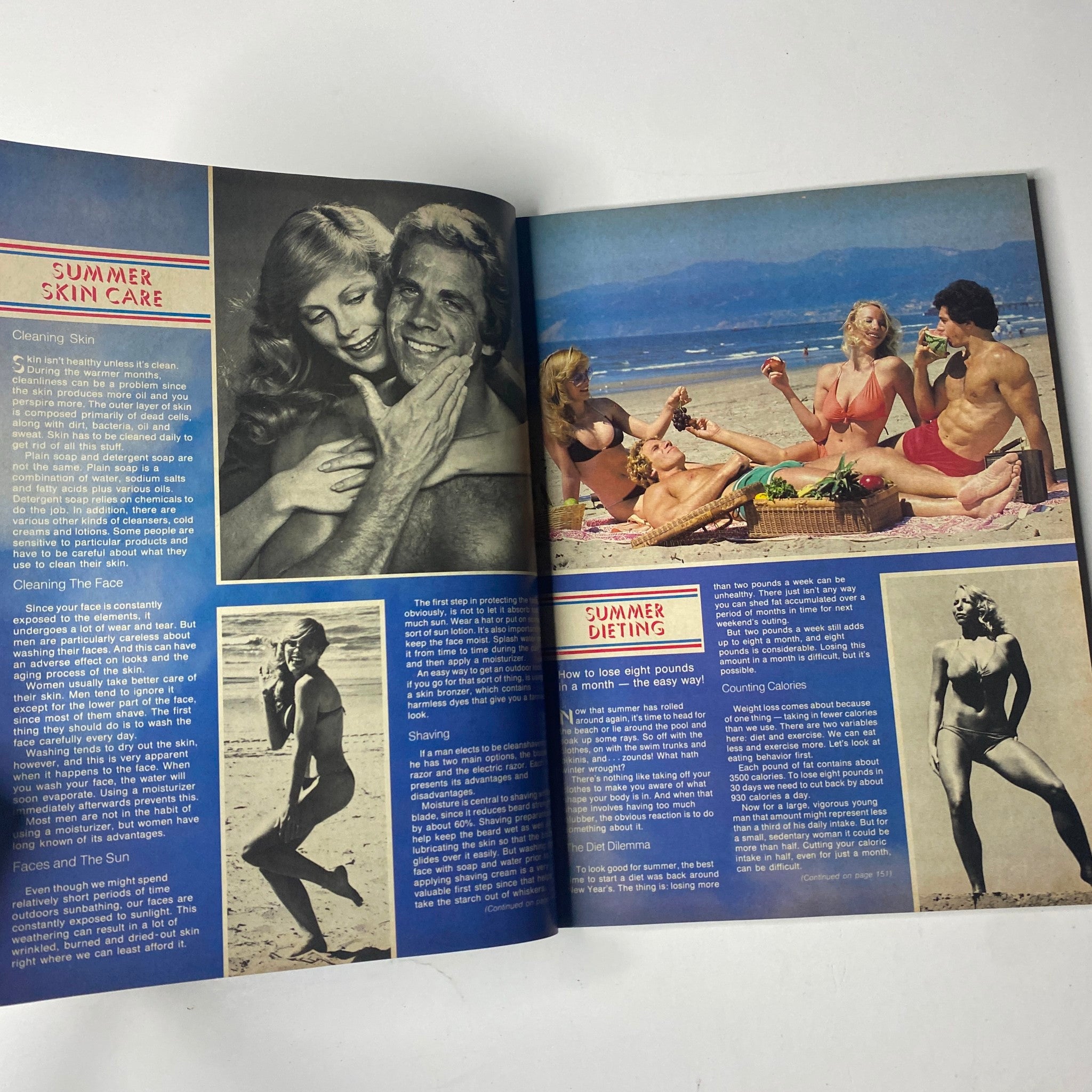Interior spread from Joe Weider’s Muscle & Fitness Magazine June 1980 featuring summer fitness tips alongside images of beach activities and skincare advice.
