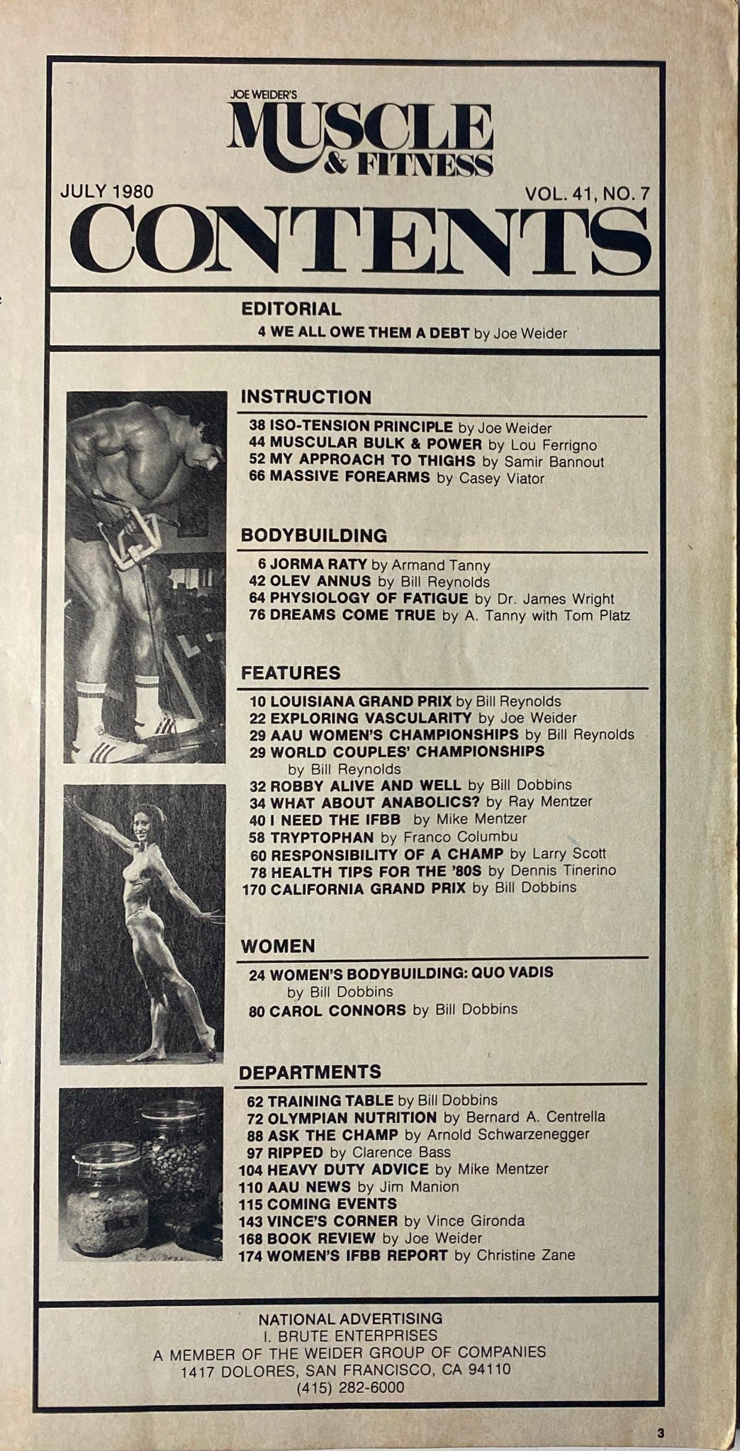 Contents page of Joe Weider’s Muscle & Fitness Magazine, July 1980, detailing articles and features including the ISO-Tension Principle and coverage of bodybuilding events.
