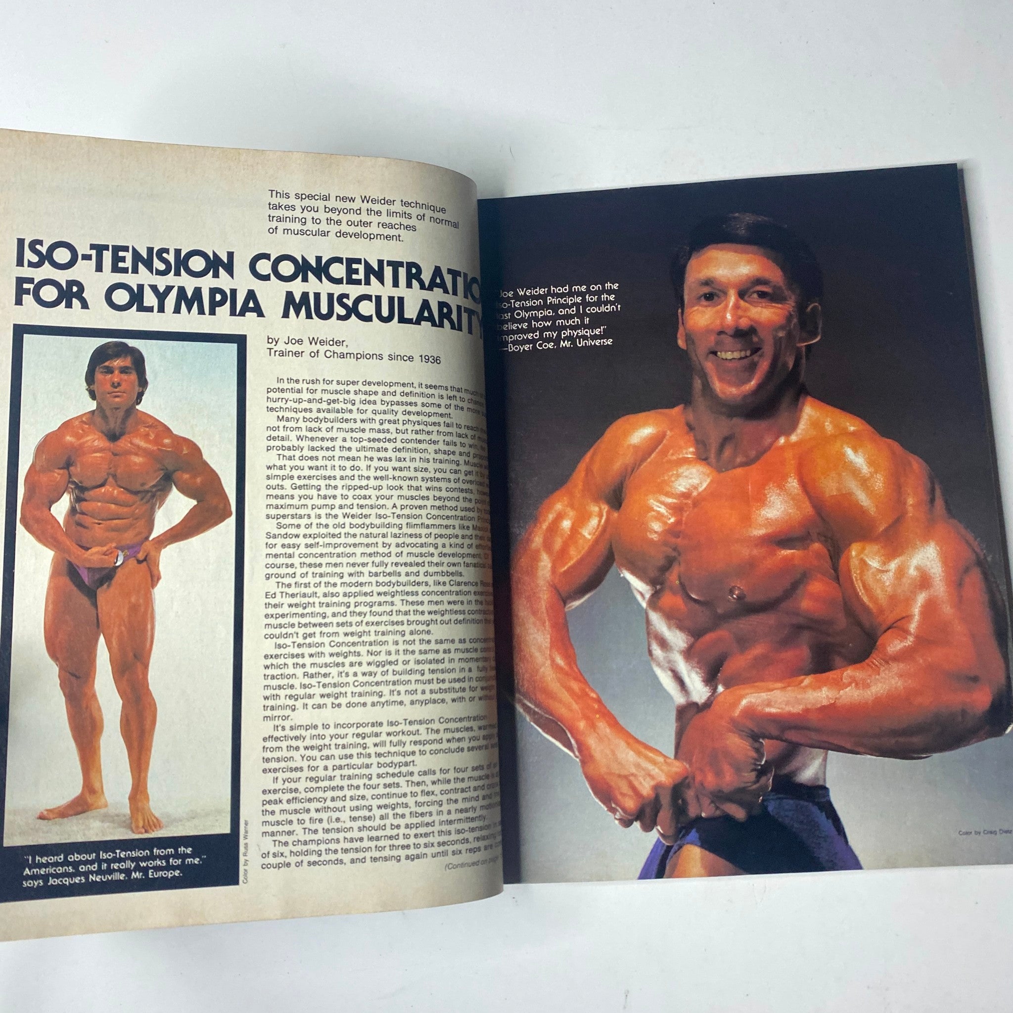 Inside page of Joe Weider’s Muscle & Fitness Magazine, July 1980 showcasing an article by Joe Weider about ISO-Tension Concentration for Olympia Muscularity, with a muscular male bodybuilder.