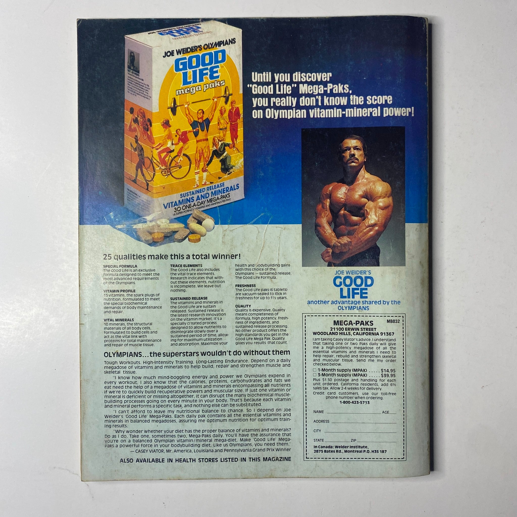 Back cover of Joe Weider’s Muscle & Fitness Magazine, July 1980 promoting Joe Weider's Good Life mega-paks and showcasing a bodybuilder alongside product details.