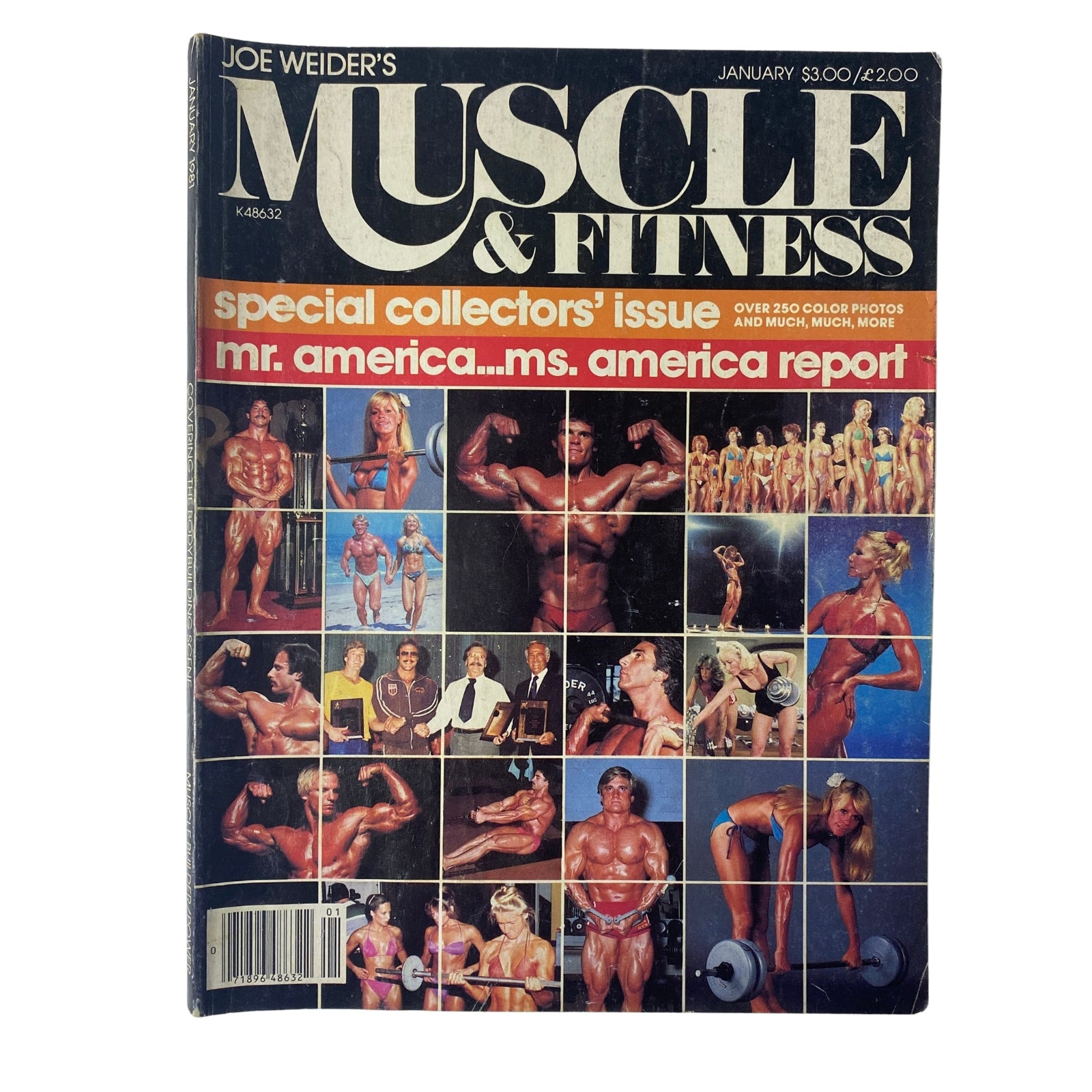 Cover of Joe Weider’s Muscle & Fitness Magazine January 1981 featuring a collage of bodybuilding photographs, highlighting Mr. America and Ms. America. Special collectors' issue.