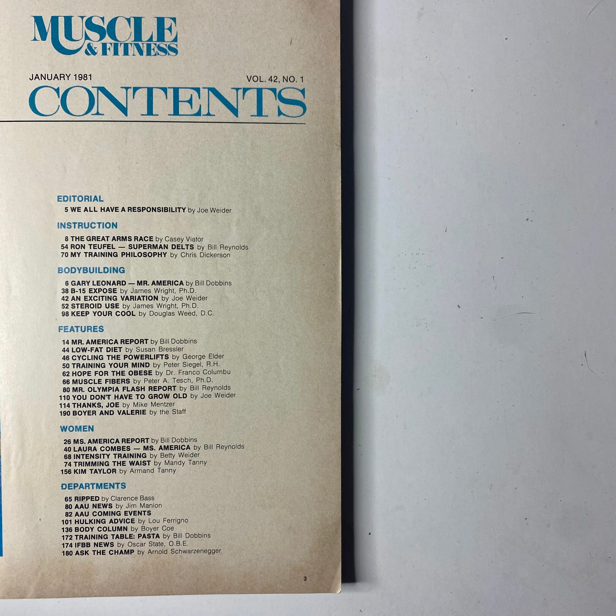 Contents page of Joe Weider’s Muscle & Fitness Magazine January 1981, outlining featured articles and reports including Mr. America and Ms. America.