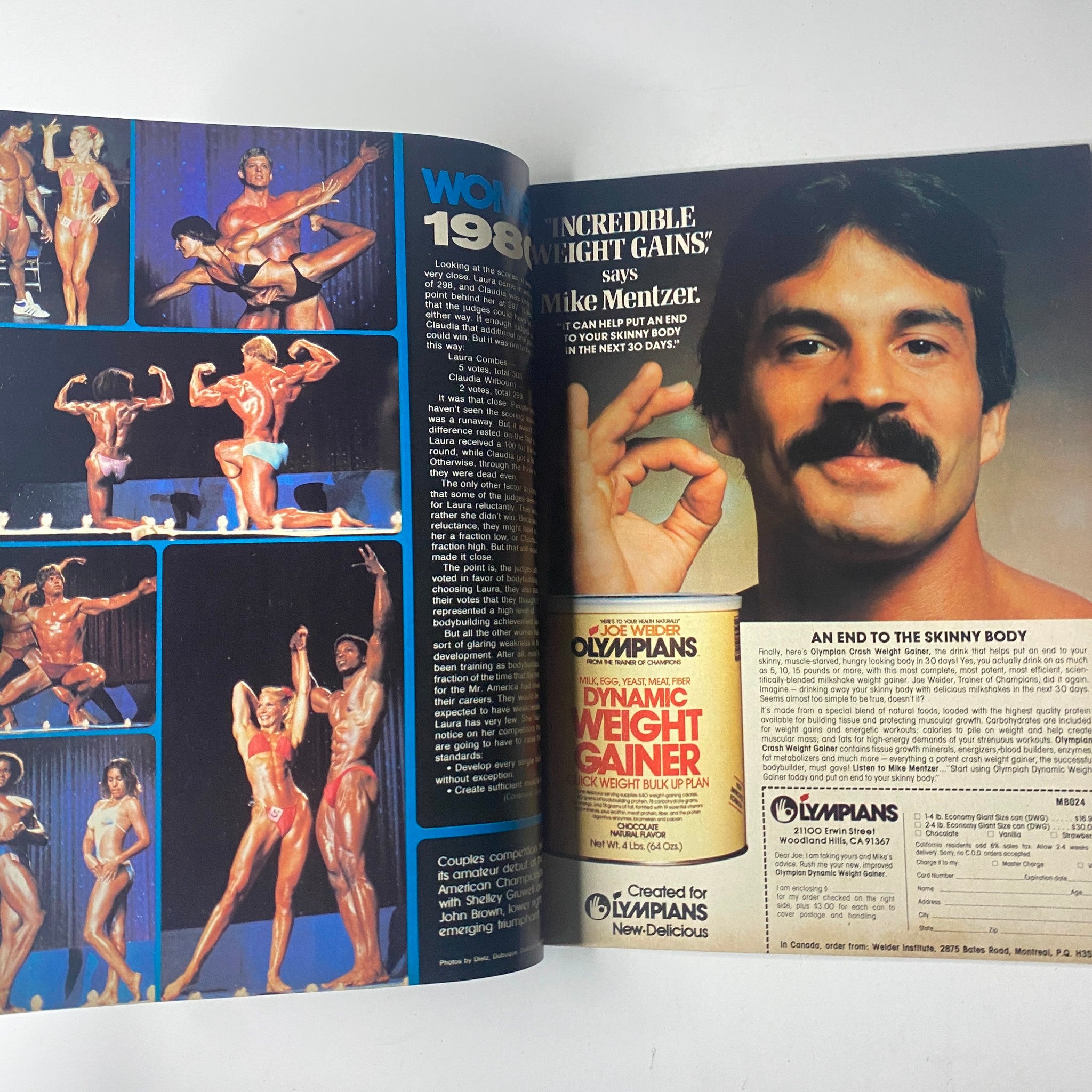 Internal spread of Joe Weider’s Muscle & Fitness Magazine January 1981 showcasing monologue and performance images featuring Mike Mentzer and bodybuilding techniques.