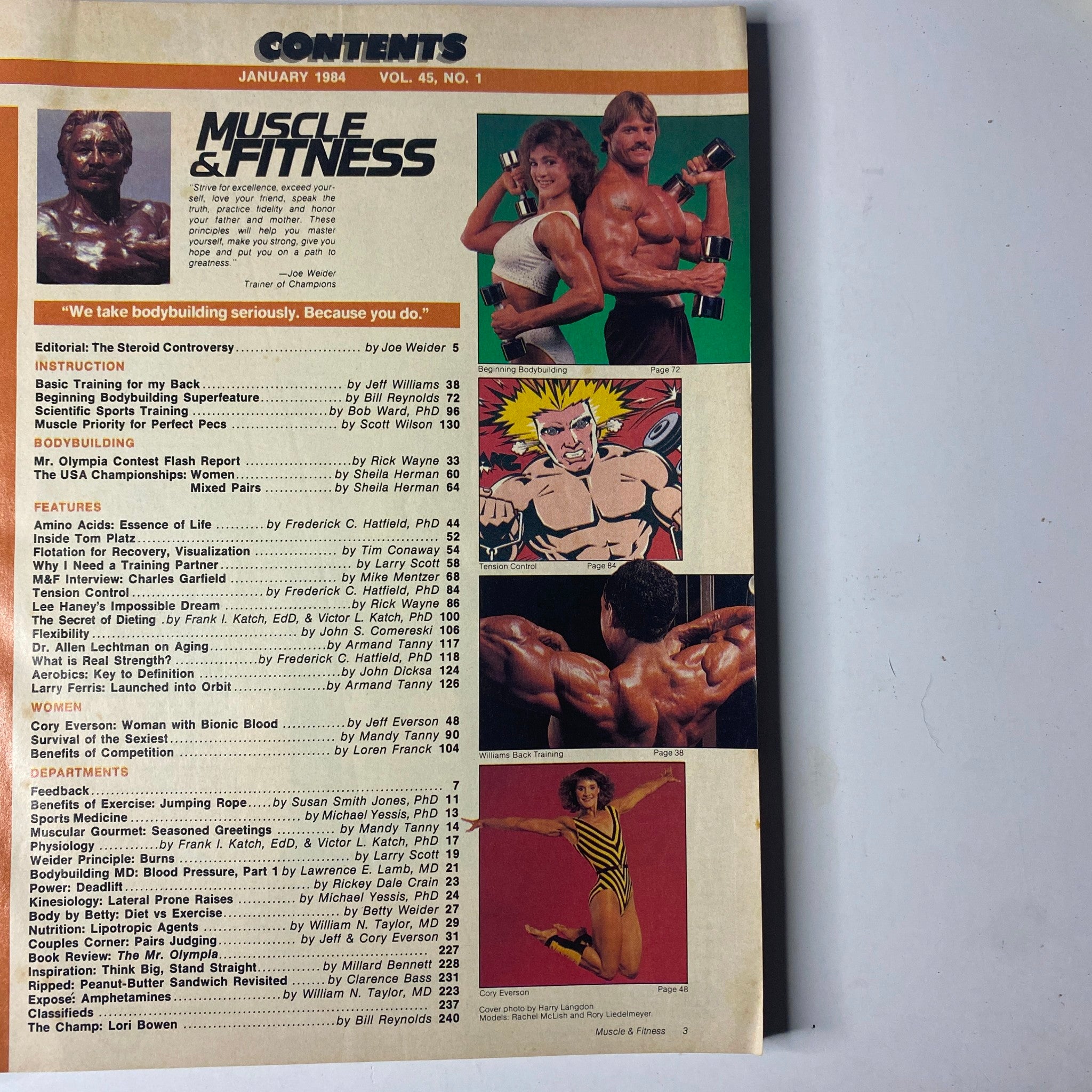 Contents page of Muscle & Fitness Magazine January 1984 featuring the dynamic duo Rachel McLish and Rory Liedelmeyer, along with various articles on bodybuilding and fitness.