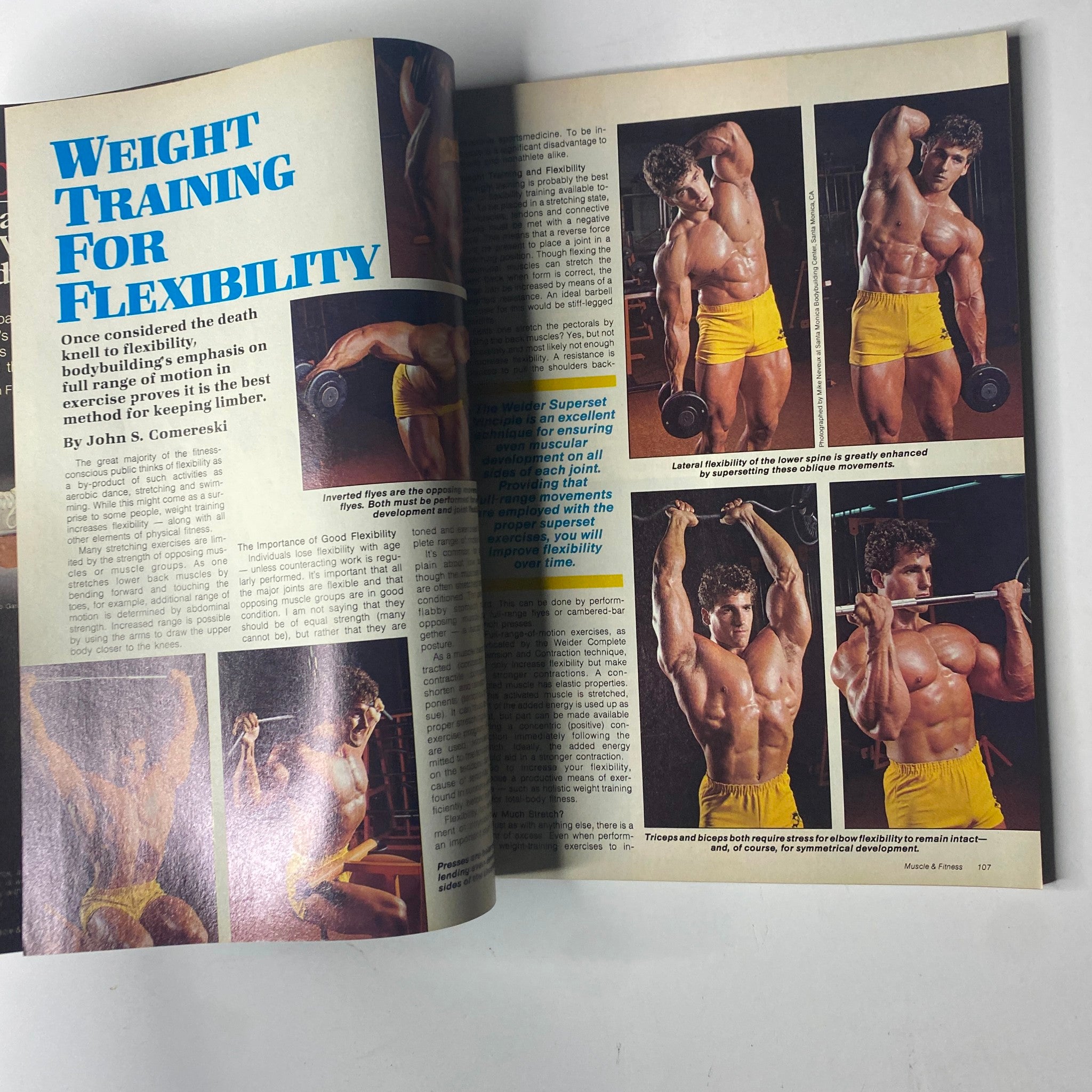 Spread from Muscle & Fitness Magazine January 1984 showing weight training exercises for flexibility, featuring a male model demonstrating proper techniques.