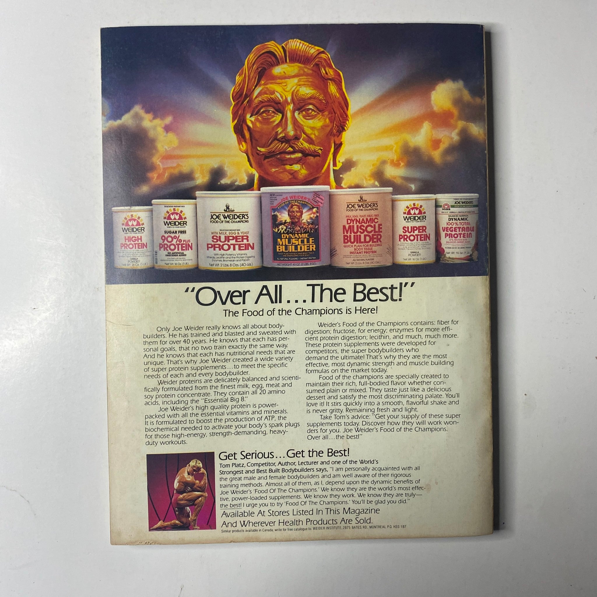Advertisement from Muscle & Fitness Magazine January 1984 promoting champion protein products, featuring an illustration of a muscular figure with various protein packaging.