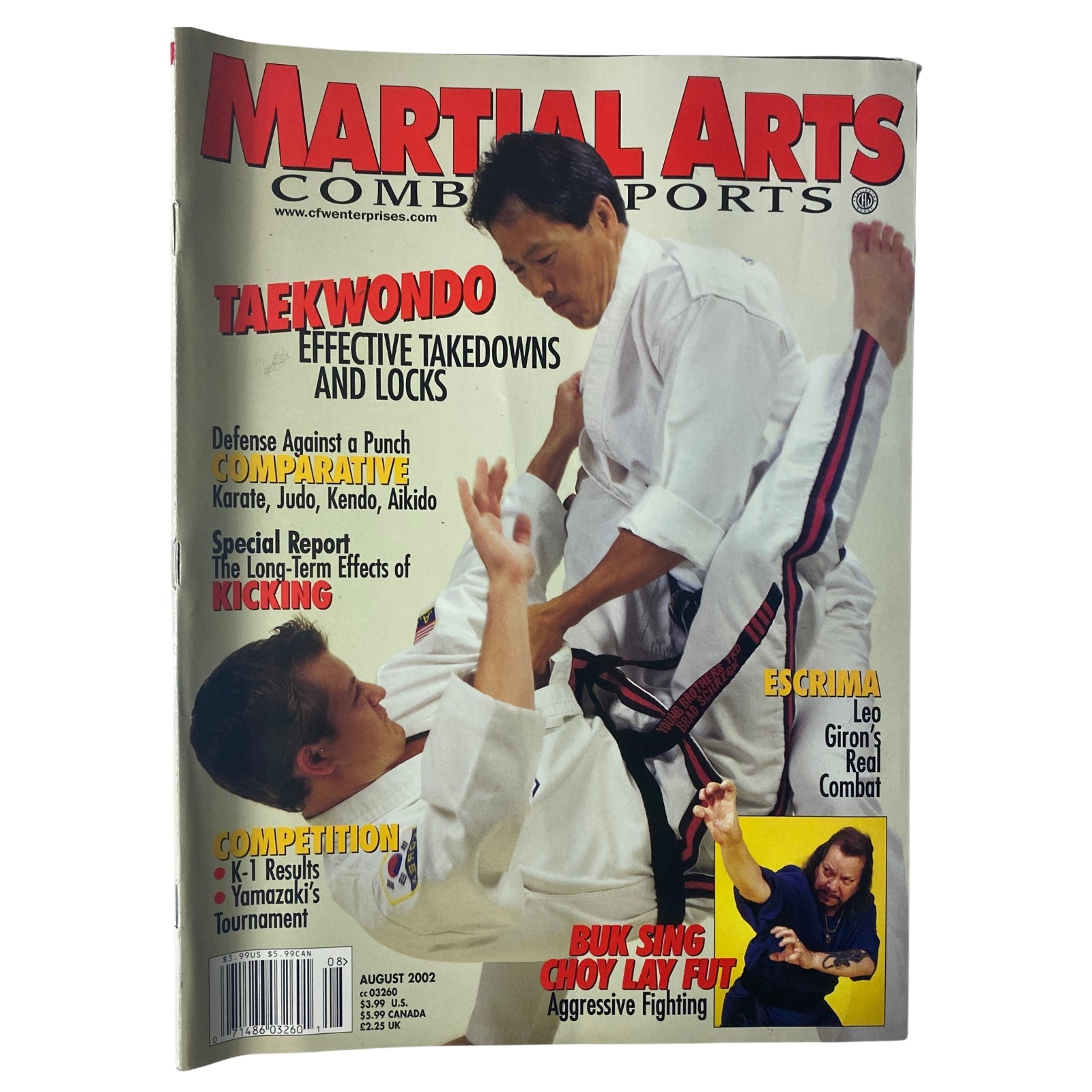 Martial Arts Combat Sports Magazine August 2002 featuring Young Bo Kong on the cover, showcasing an action shot with effective takedowns and locks in taekwondo. The magazine also includes features on competition coverage and the long-term effects of kicking.