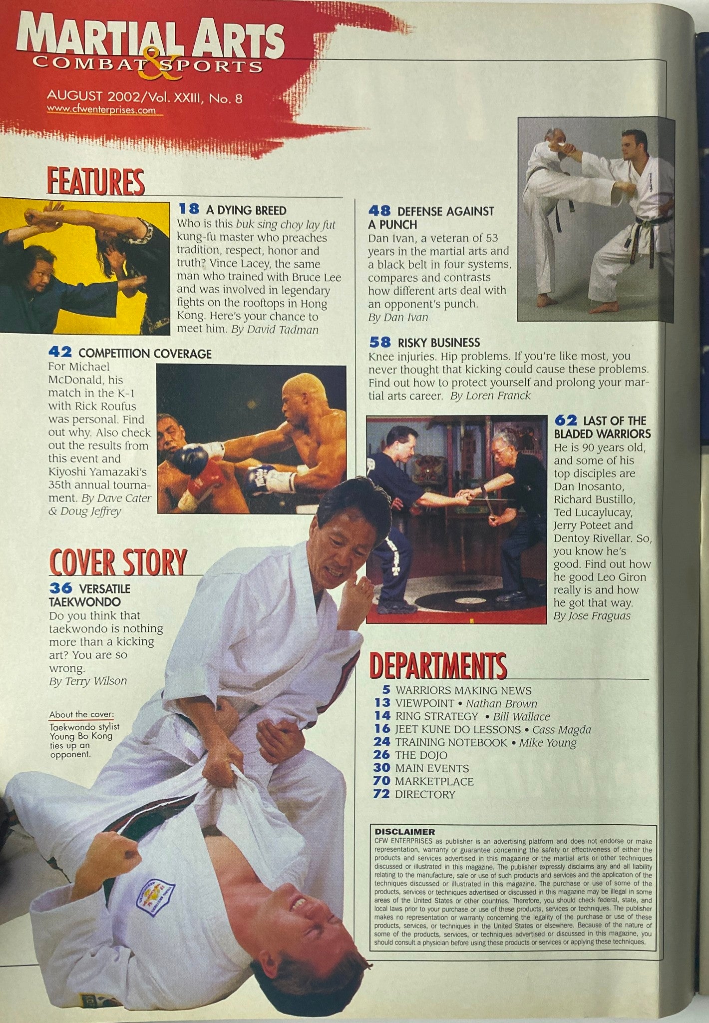 Interior page of Martial Arts Combat Sports Magazine August 2002 highlighting various features such as 'A Dying Breed,' 'Defense Against a Punch,' and 'Risky Business.' The layout displays content sections related to martial arts techniques and profiles.