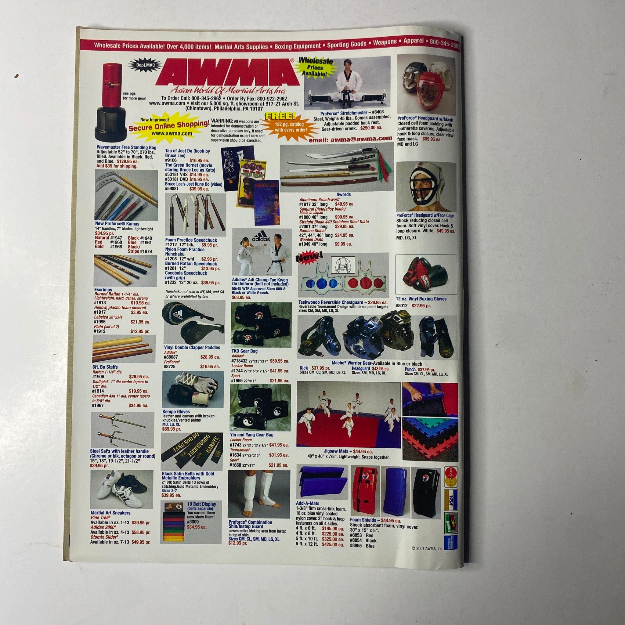 Advertisement page from Martial Arts Combat Sports Magazine August 2002 showcasing martial arts supplies, including protective gear, weapons, and training equipment available for purchase.