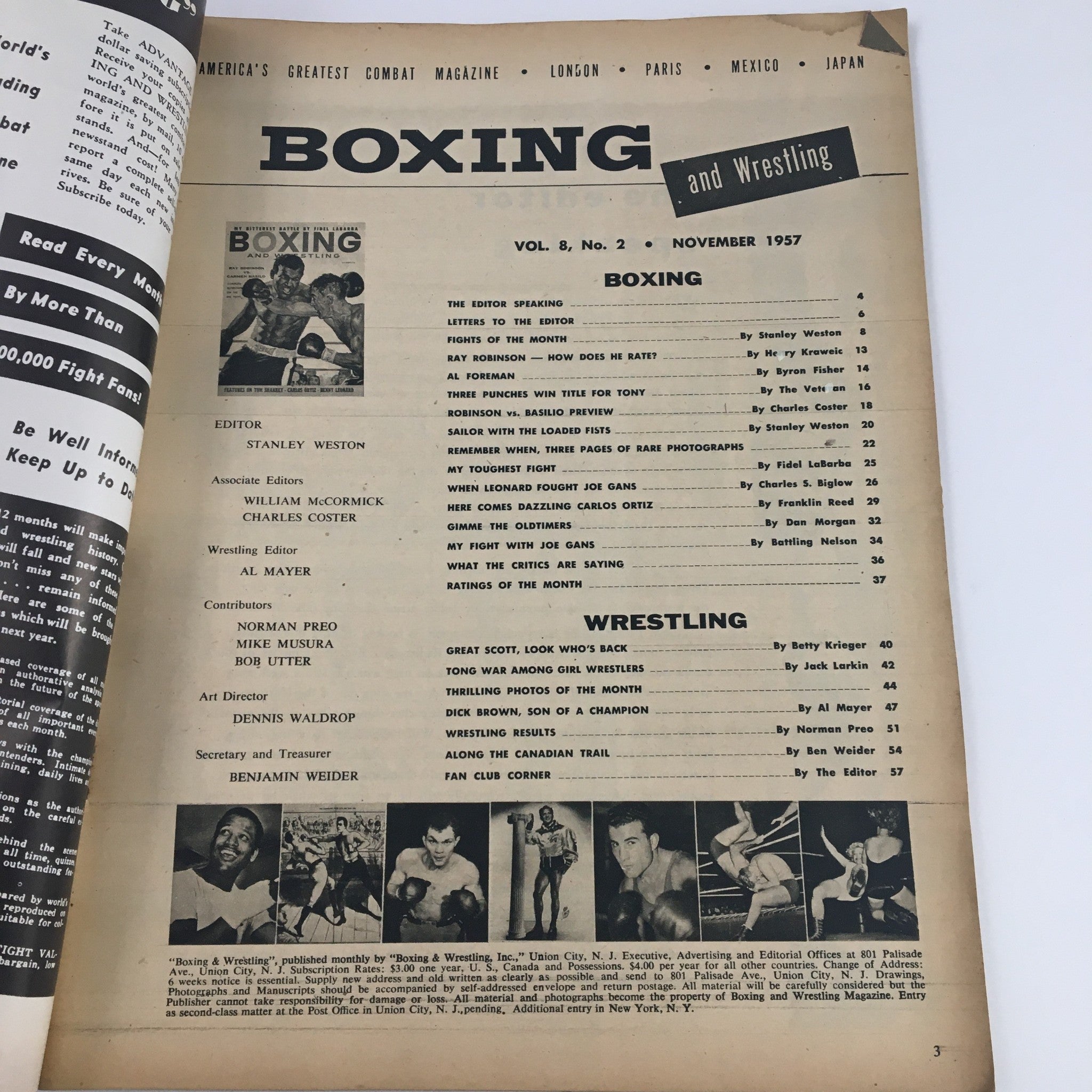 Boxing & Wrestling Magazine November 1957 Ray Robinson Carmen Basilio No Label