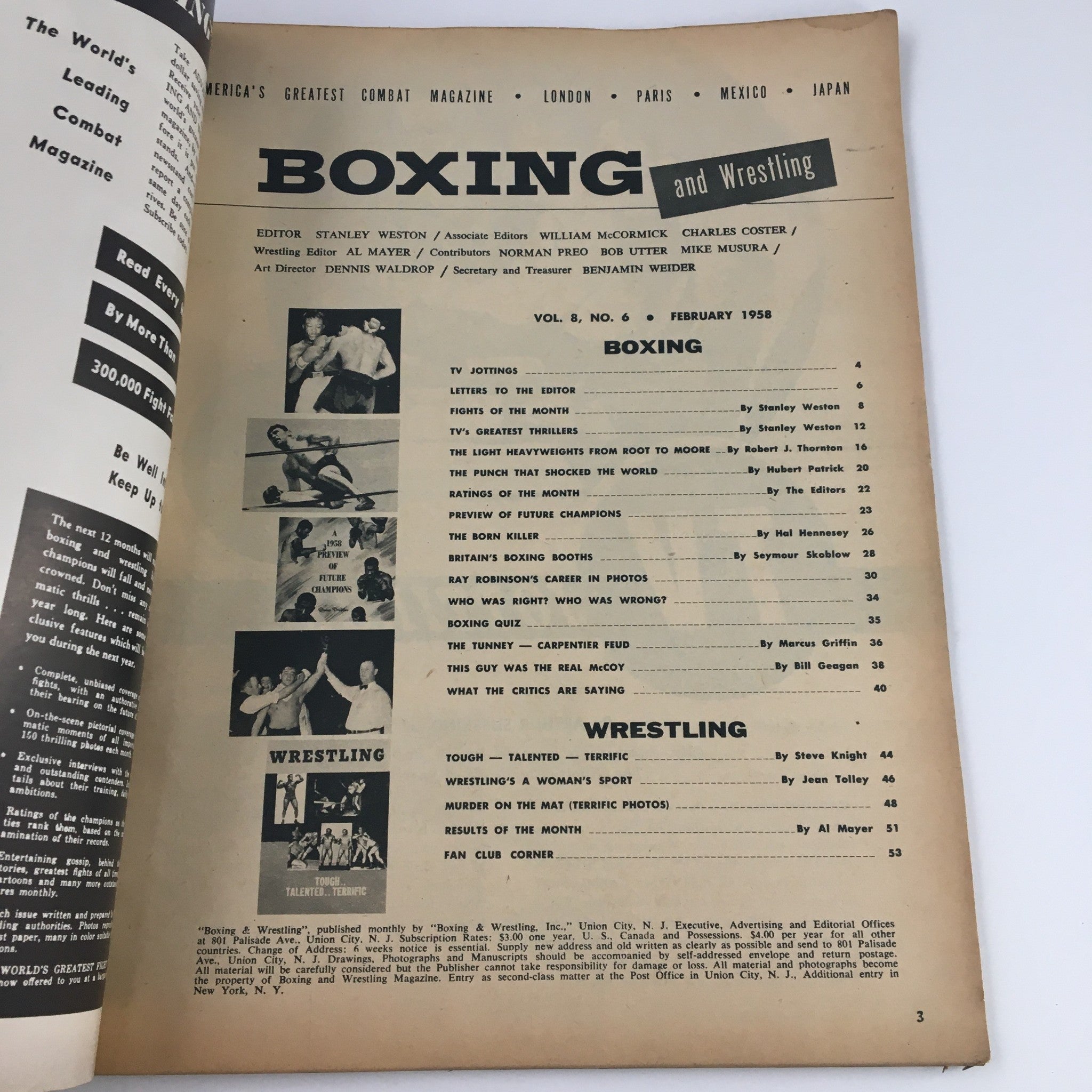 Boxing and Wrestling Magazine February 1958 Ray Robinson & Gene Tunney No Label