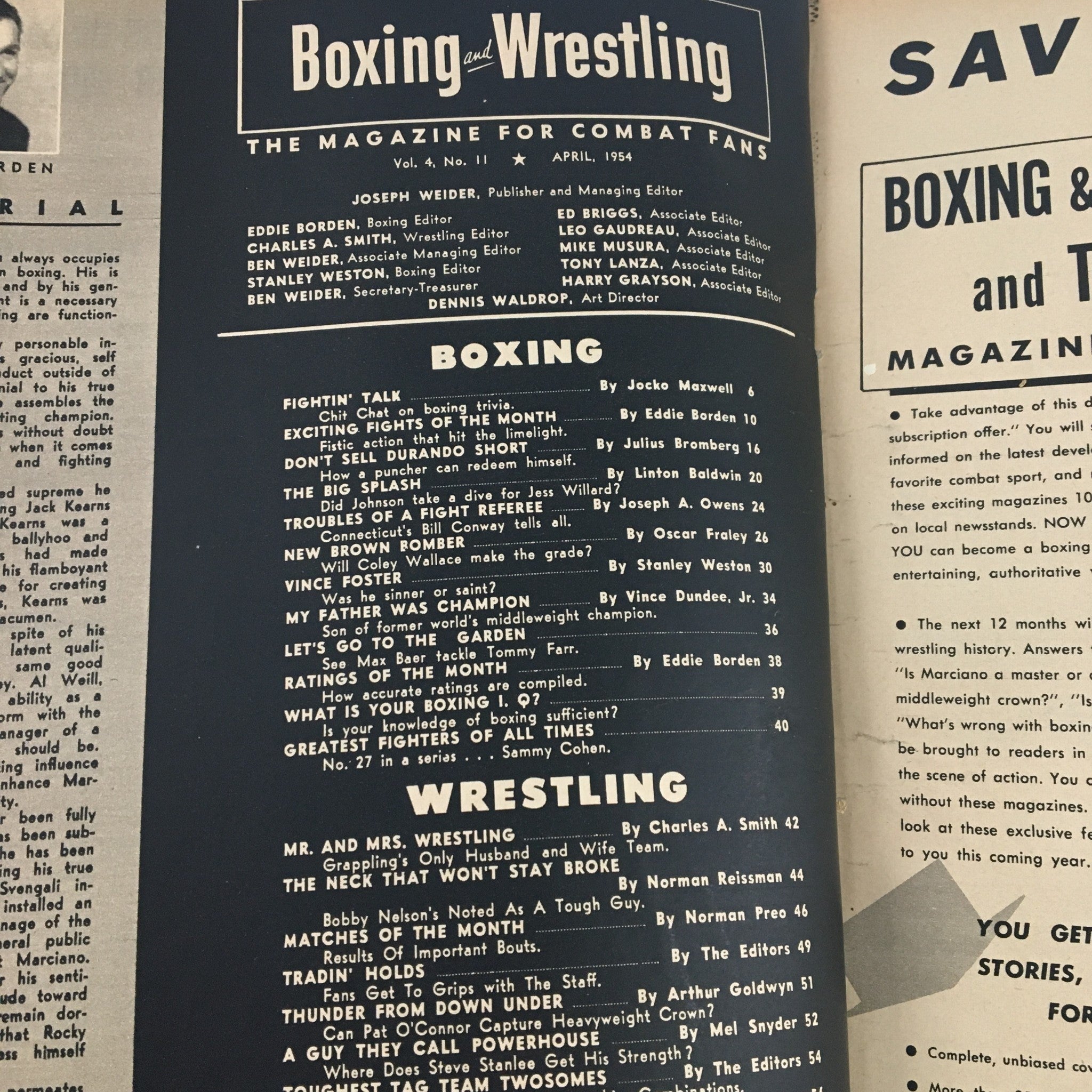 Boxing and Wrestling Magazine April 1954 Colley Wallace & Jack Johnson No Label