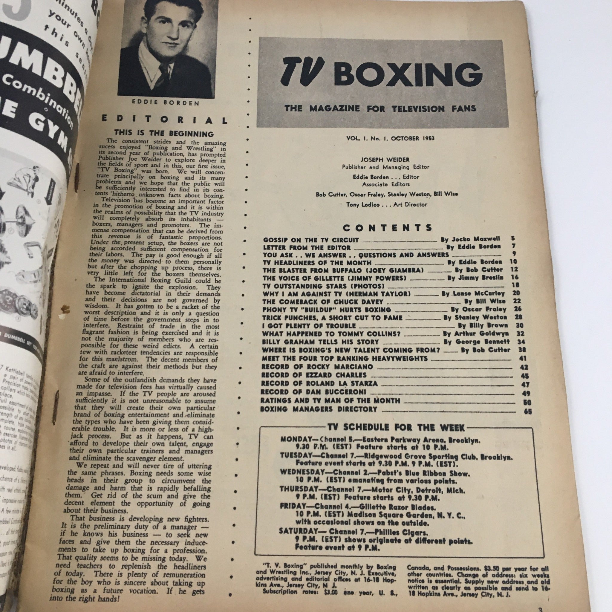 TV Boxing Magazine October 1953 Joey Giambra & Rocky Marciano Record No Label