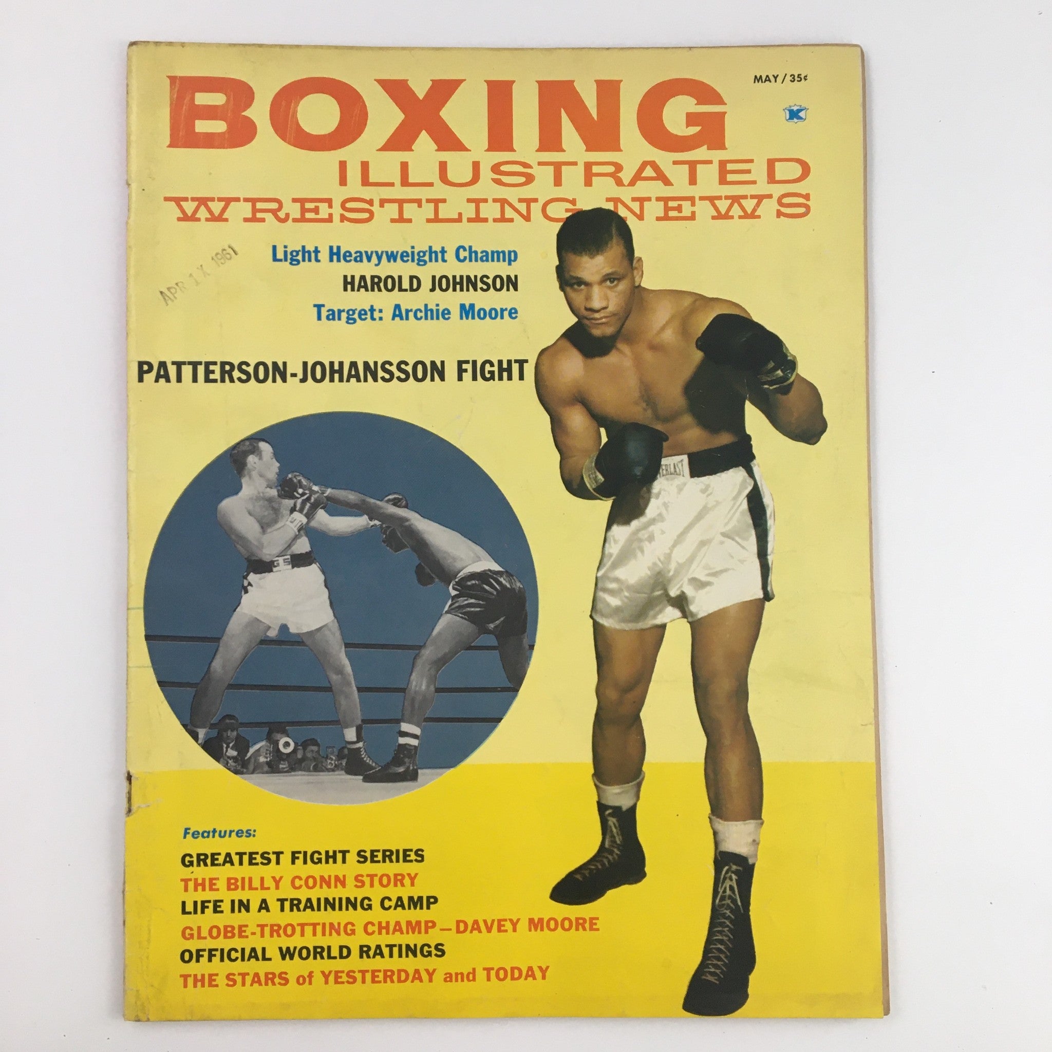 Boxing Illustrated May 1961 cover featuring the Patterson-Johansson fight, highlighting legendary boxers in action with vibrant colors and detailed graphics.