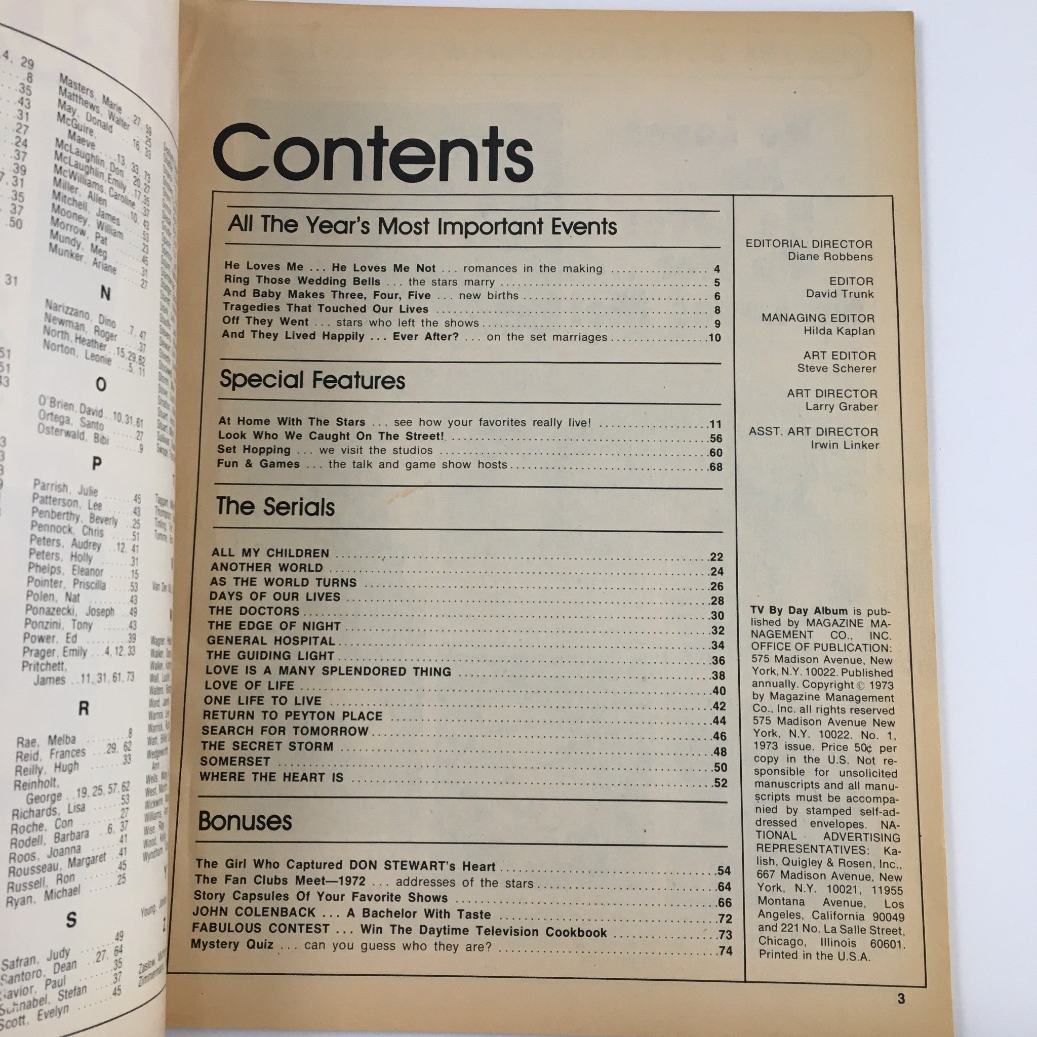 Contents page of TV by Day Album Magazine No. 1, 1973, detailing special features and serials, reflecting on the year's most important events in daytime television.