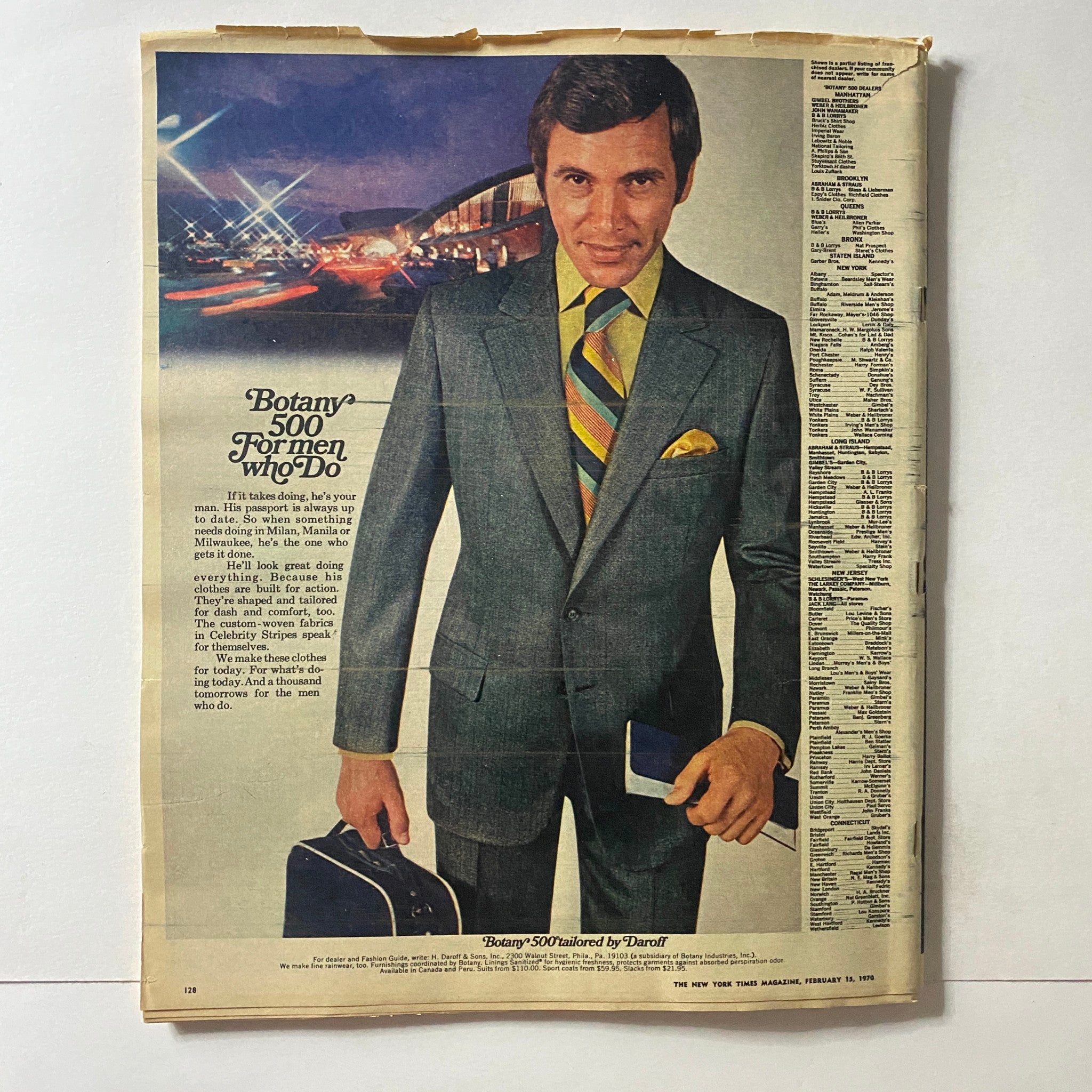 The New York Times Magazine February 15 1970, featuring an advertisement for 'Botany 500 For Men Who Do', showcasing a man in a stylish suit with a tie and carrying a briefcase, highlighting 1970s fashion and style.