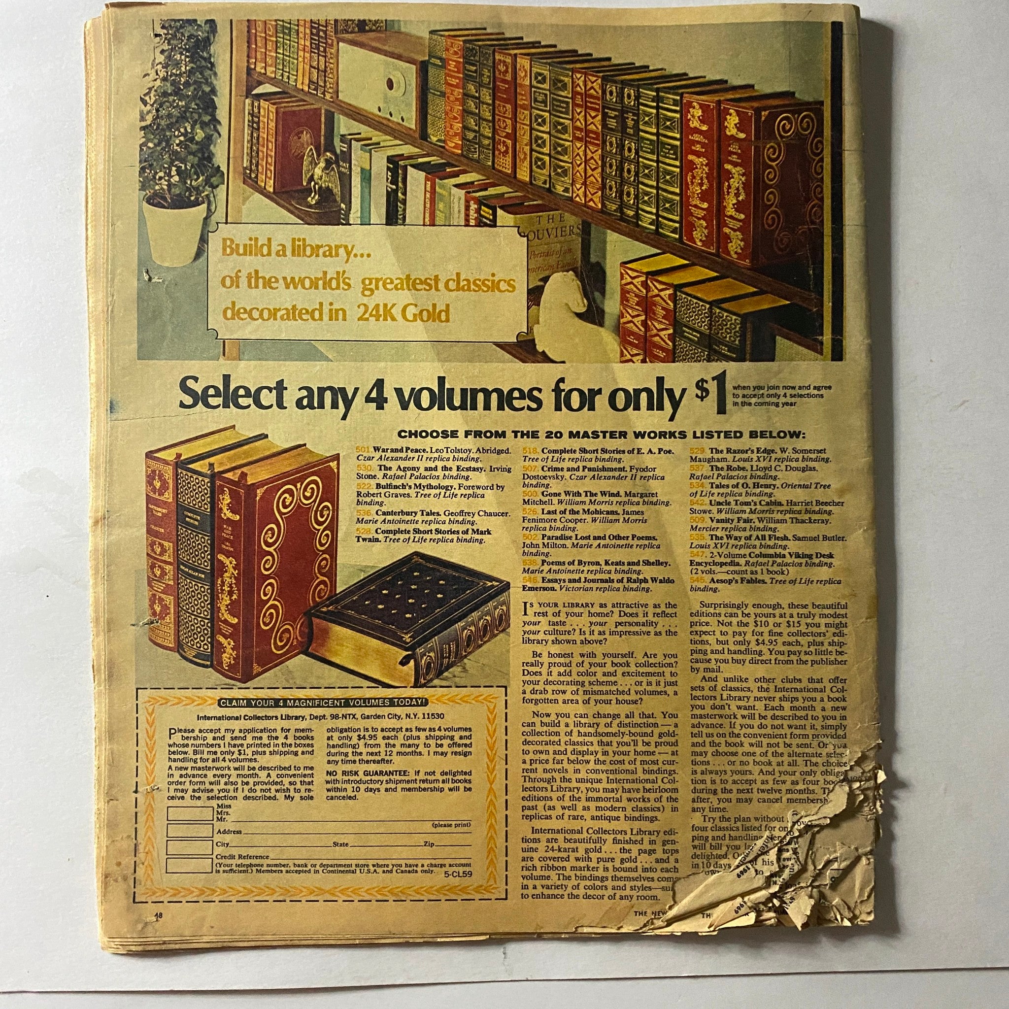 Vintage advertisement from The New York Times Magazine August 31, 1969 showcasing a collection of classic literature available for a promotional price, depicting decorative book bindings and the offer to select four volumes for only $1.